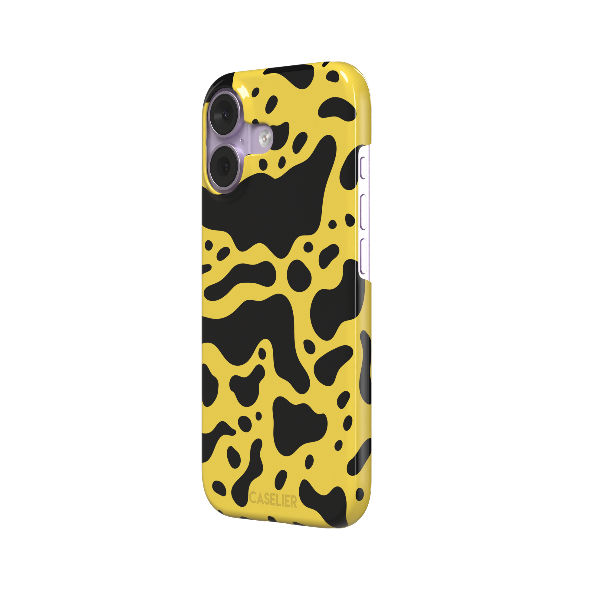Frog phone case color variant in mustard yellow with large flowing black animal print patches, phone case by Caselier — snap case, right view