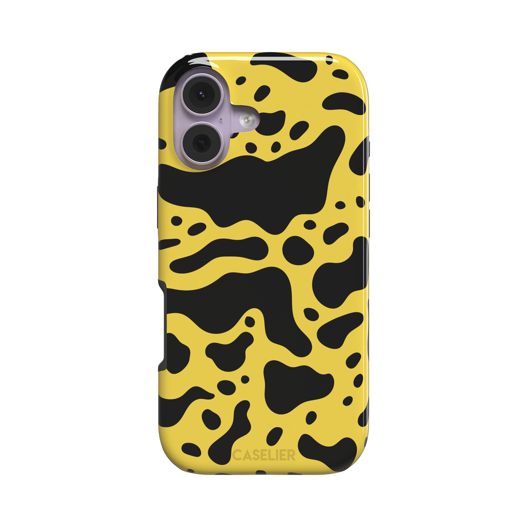 Frog phone case color variant in mustard yellow with large flowing black animal print patches, phone case by Caselier — tough case, front view