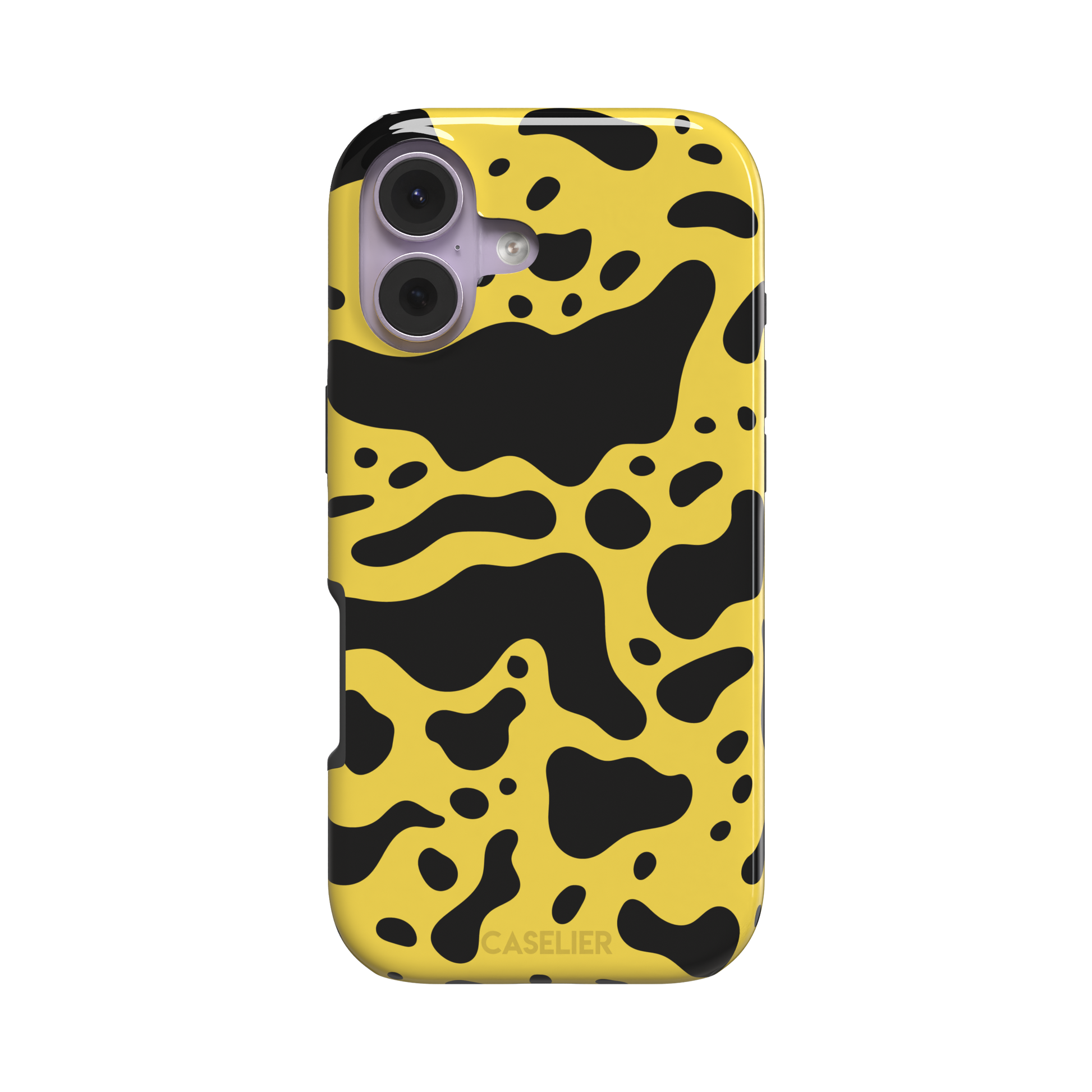 Frog phone case color variant in mustard yellow with large flowing black animal print patches, phone case by Caselier — tough case, front view