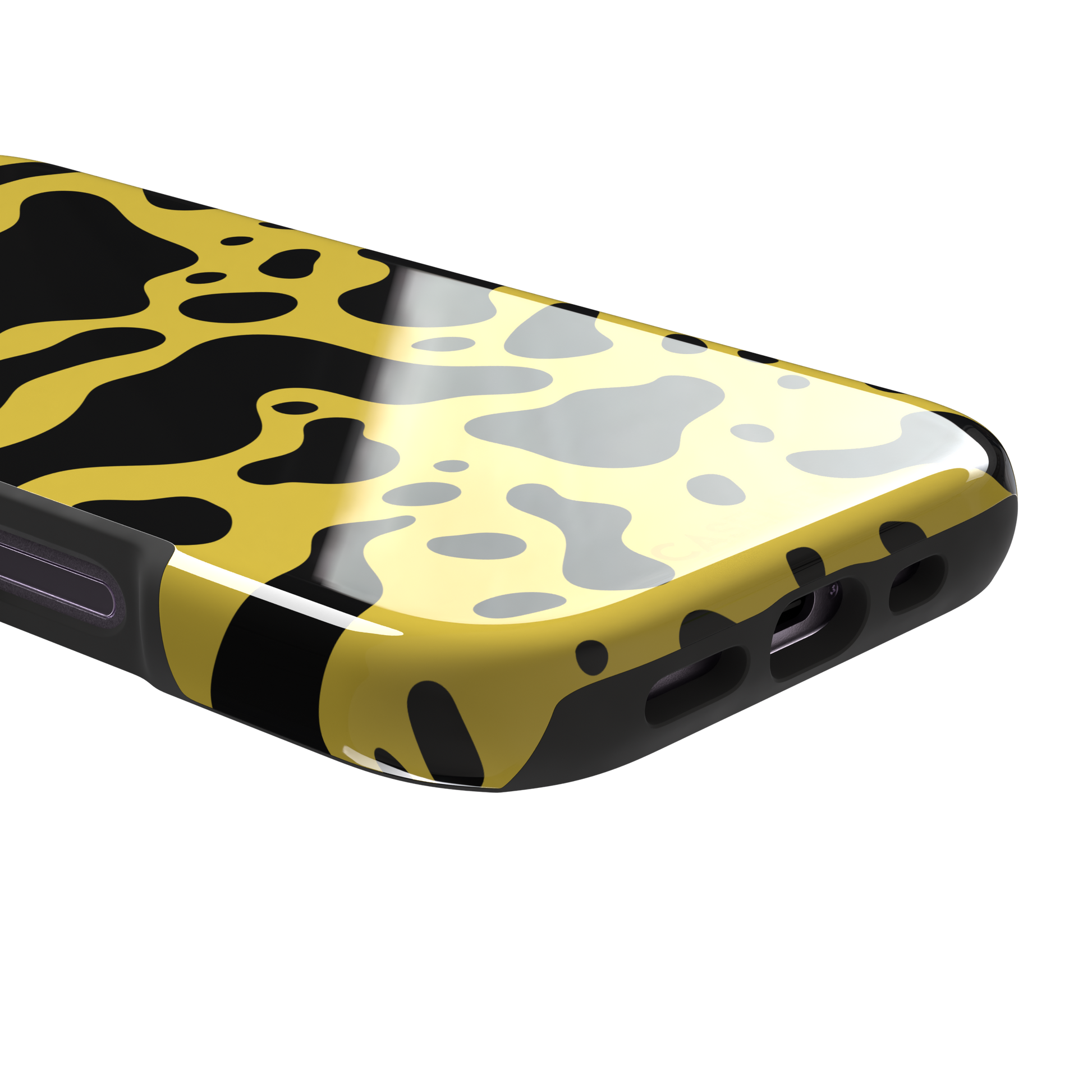 Frog phone case color variant in mustard yellow with large flowing black animal print patches, phone case by Caselier — tough case, charging port detail