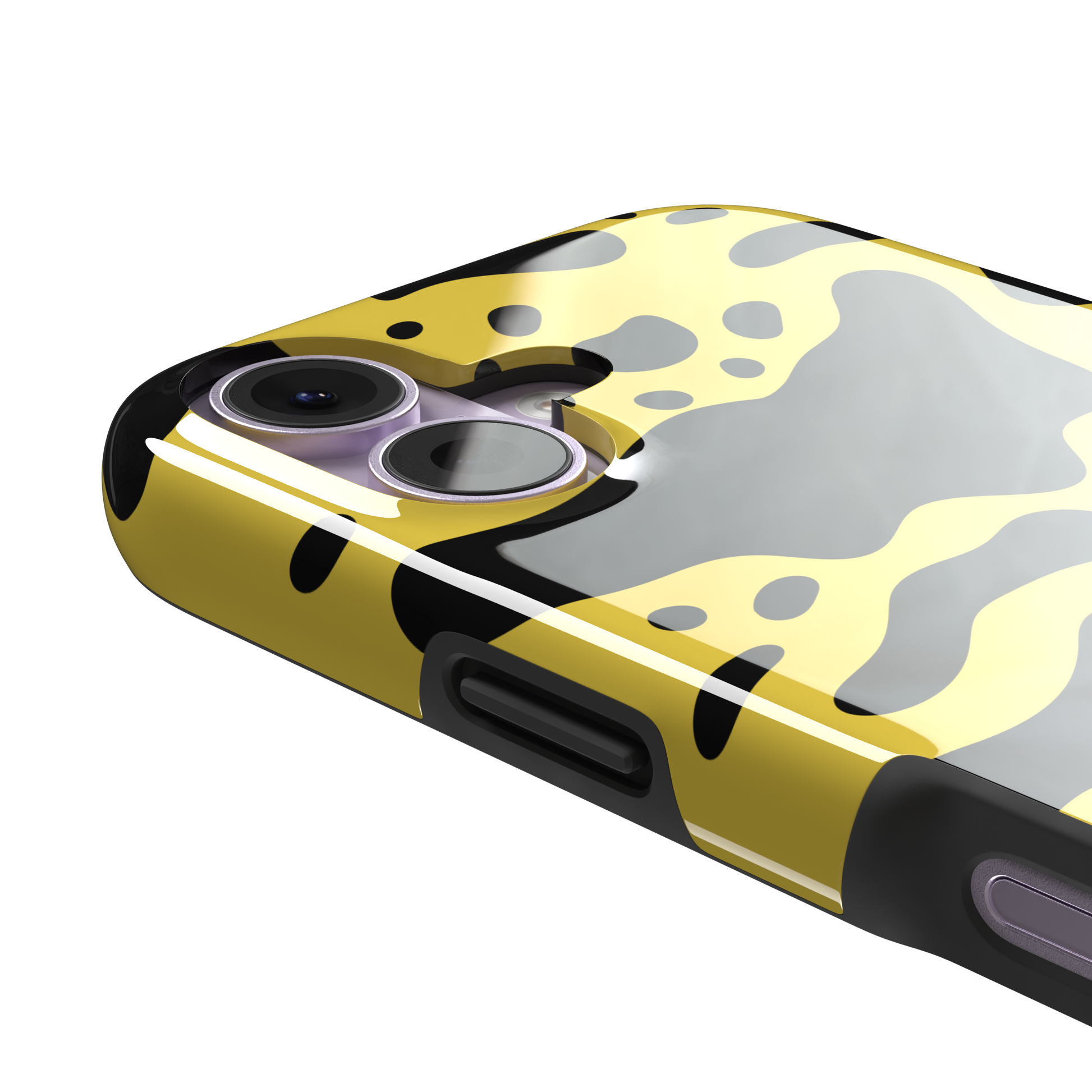 Frog phone case color variant in mustard yellow with large flowing black animal print patches, phone case by Caselier — tough case, volume buttons detail
