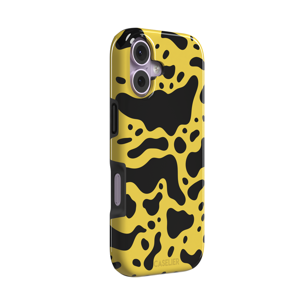 Frog phone case color variant in mustard yellow with large flowing black animal print patches, phone case by Caselier — tough case, left view