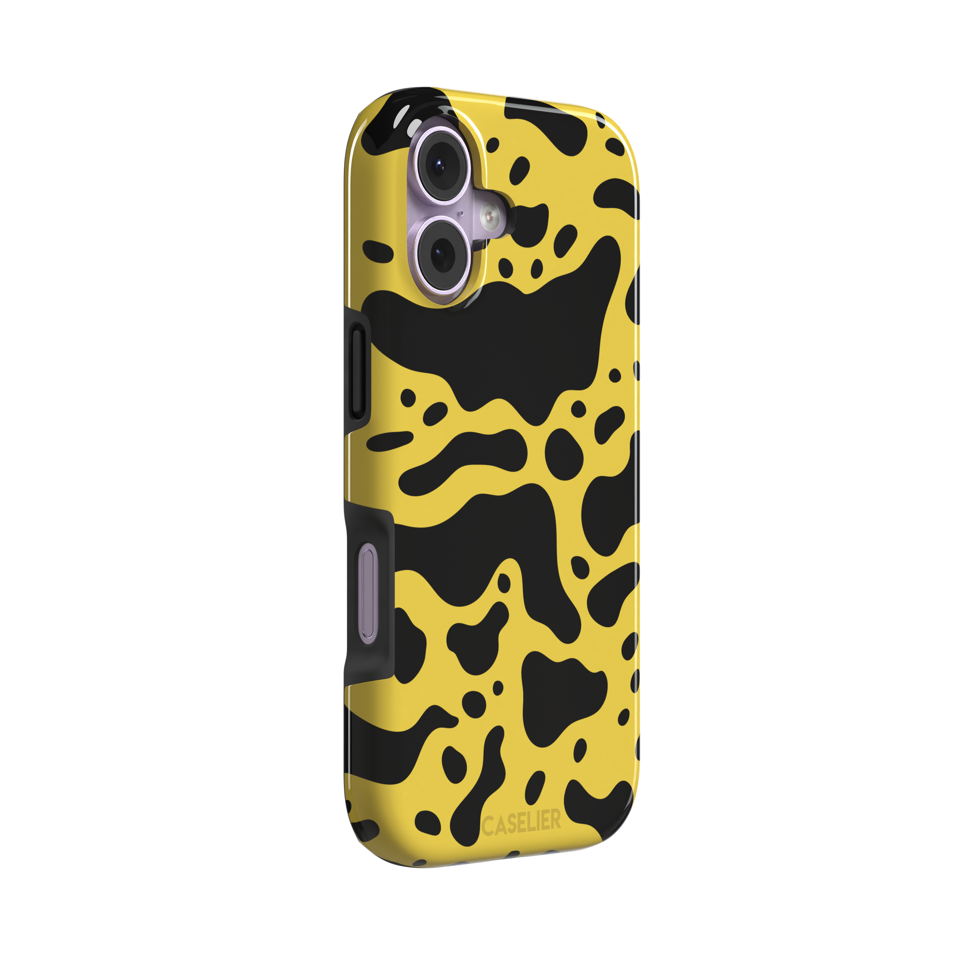 Frog phone case color variant in mustard yellow with large flowing black animal print patches, phone case by Caselier — tough case, left view