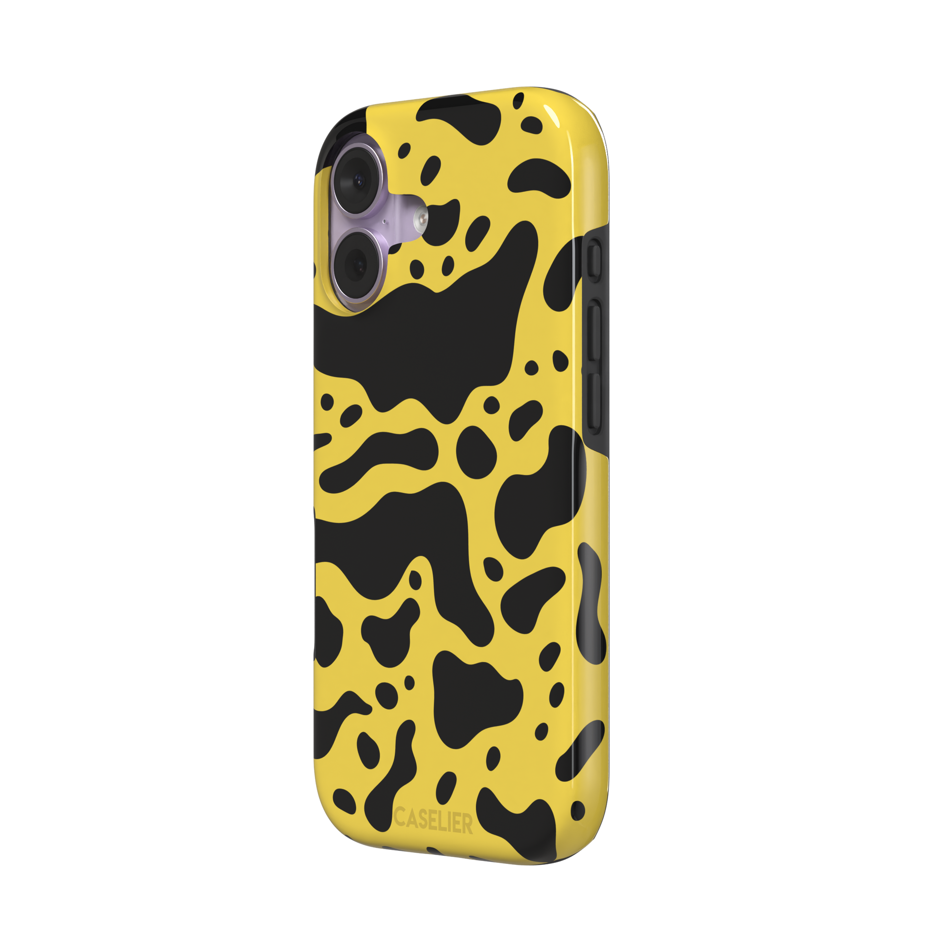 Frog phone case color variant in mustard yellow with large flowing black animal print patches, phone case by Caselier — tough case, right view