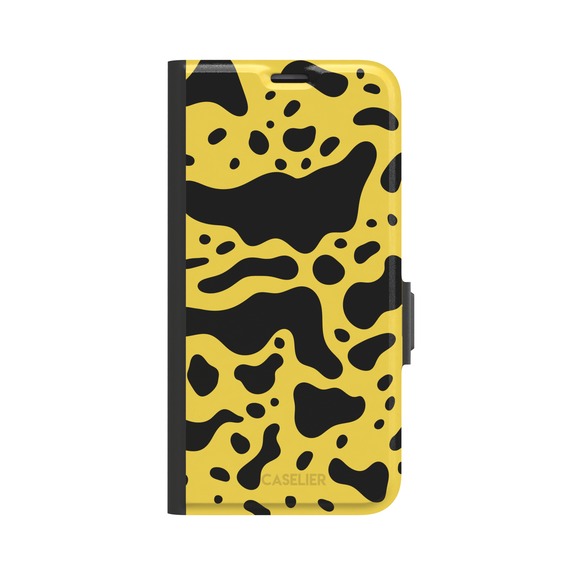 Frog phone case color variant in mustard yellow with large flowing black animal print patches, phone case by Caselier — wallet case, front view