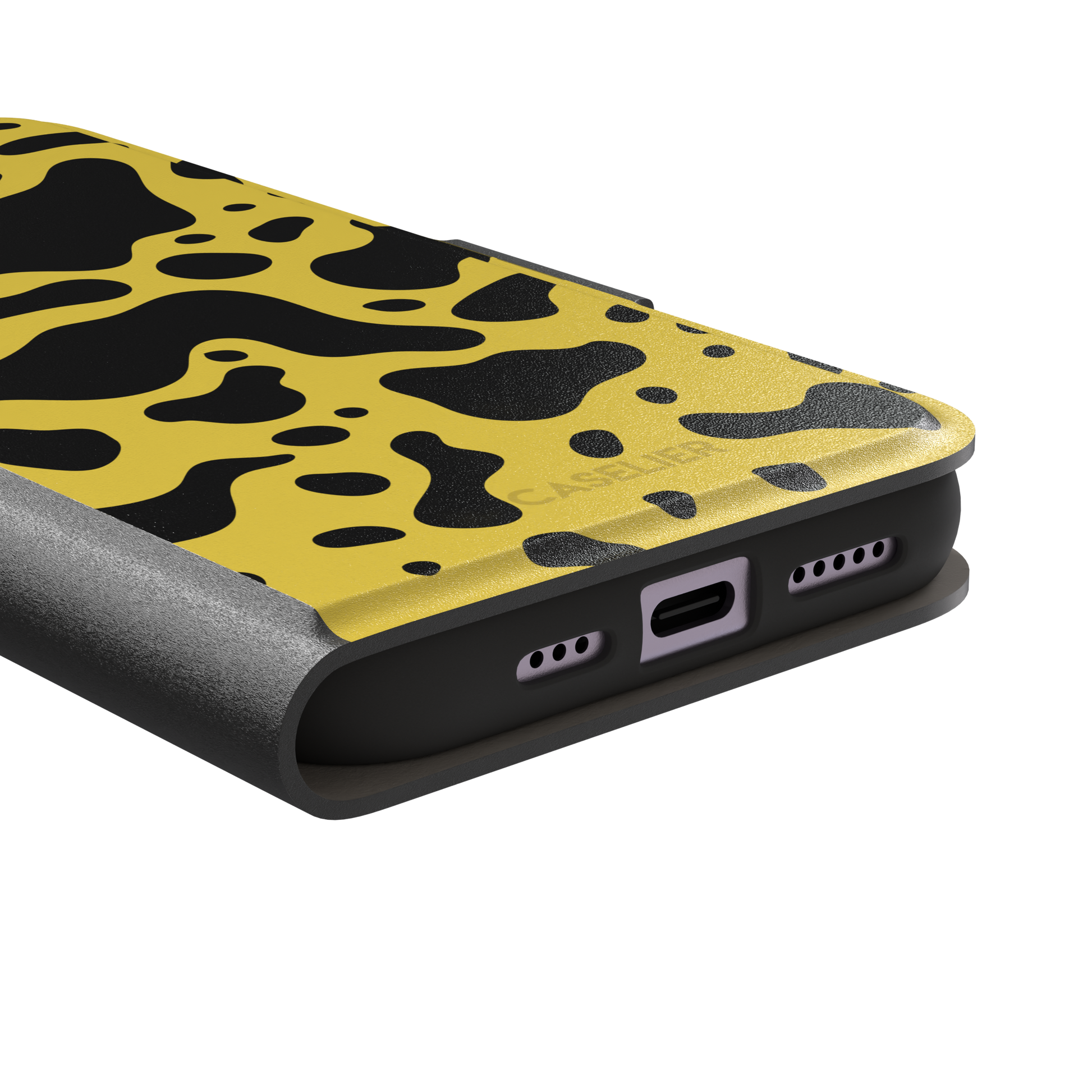 Frog phone case color variant in mustard yellow with large flowing black animal print patches, phone case by Caselier — wallet case, charging port detail