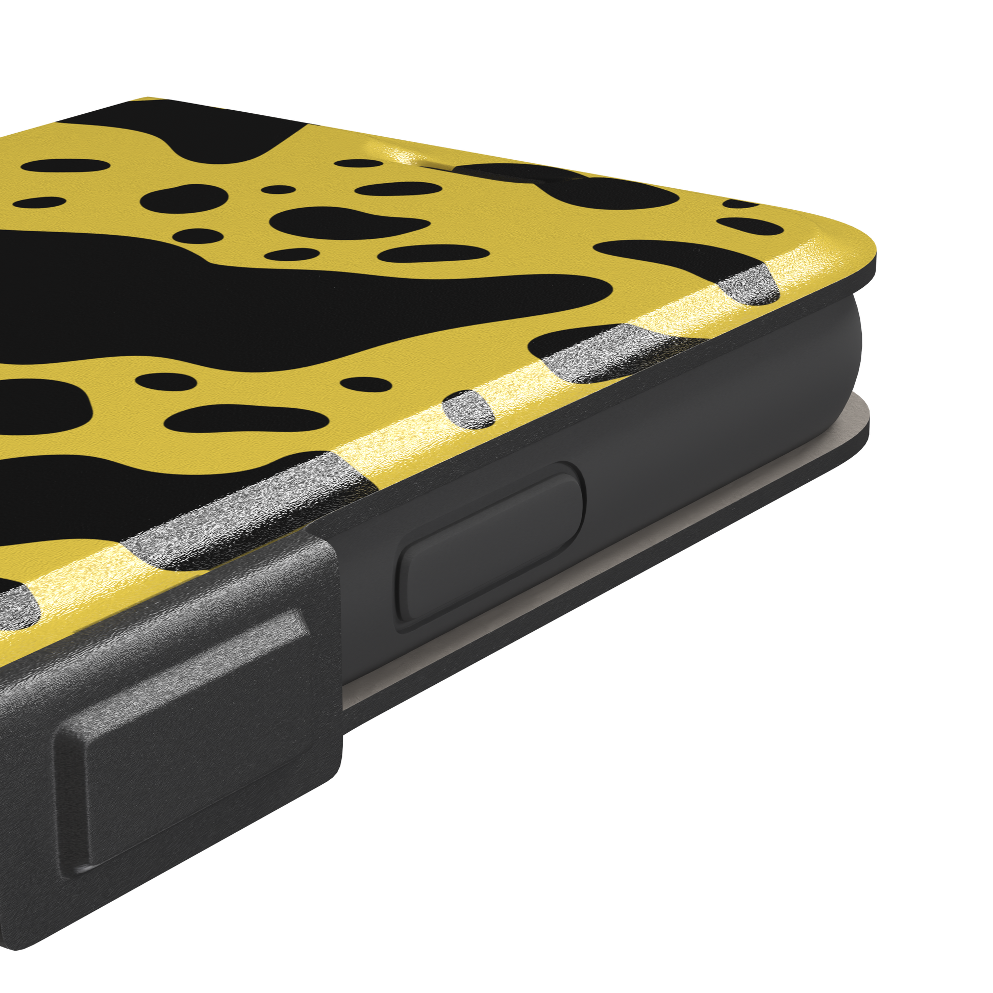 Frog phone case color variant in mustard yellow with large flowing black animal print patches, phone case by Caselier — wallet case, volume buttons detail