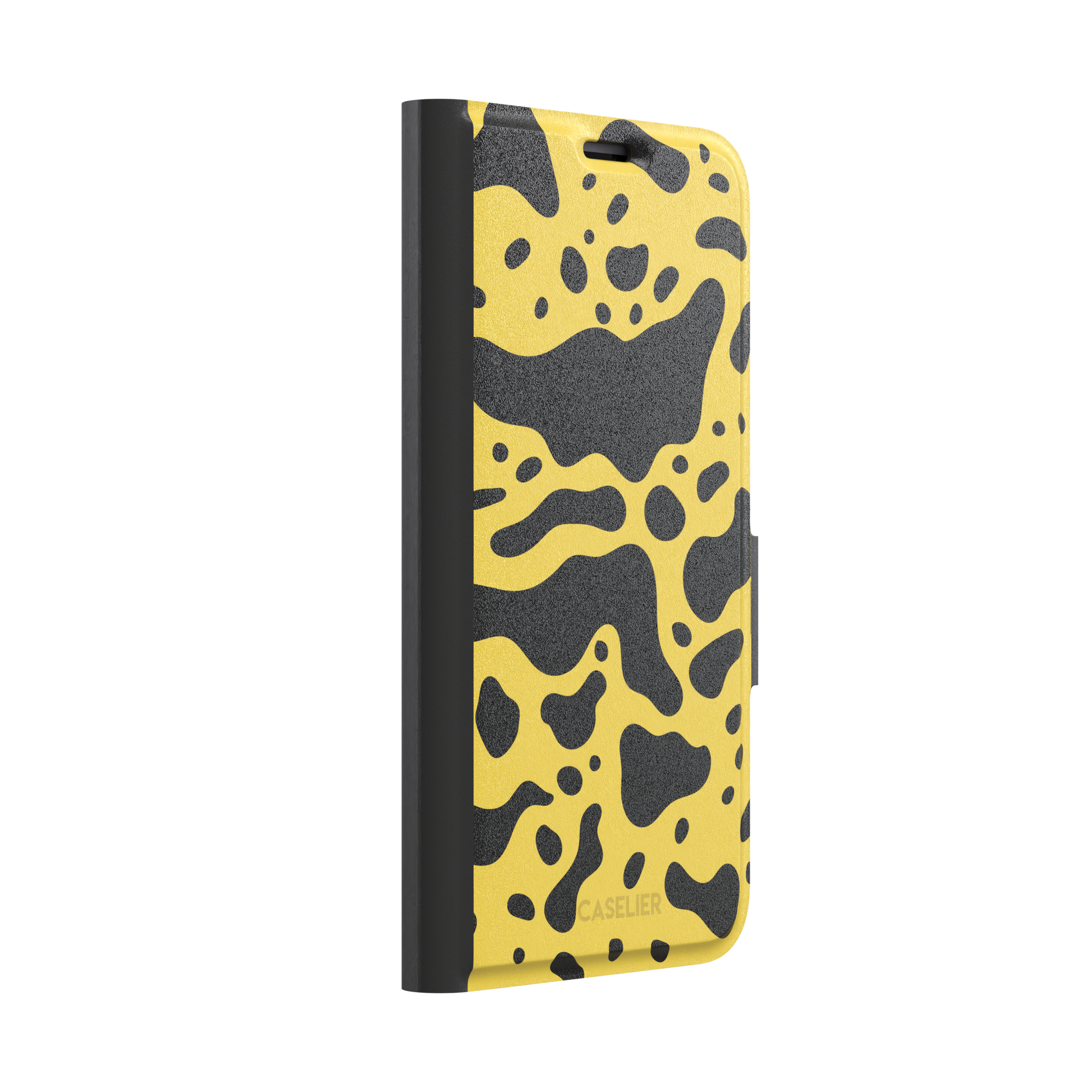 Frog phone case color variant in mustard yellow with large flowing black animal print patches, phone case by Caselier — wallet case, left view