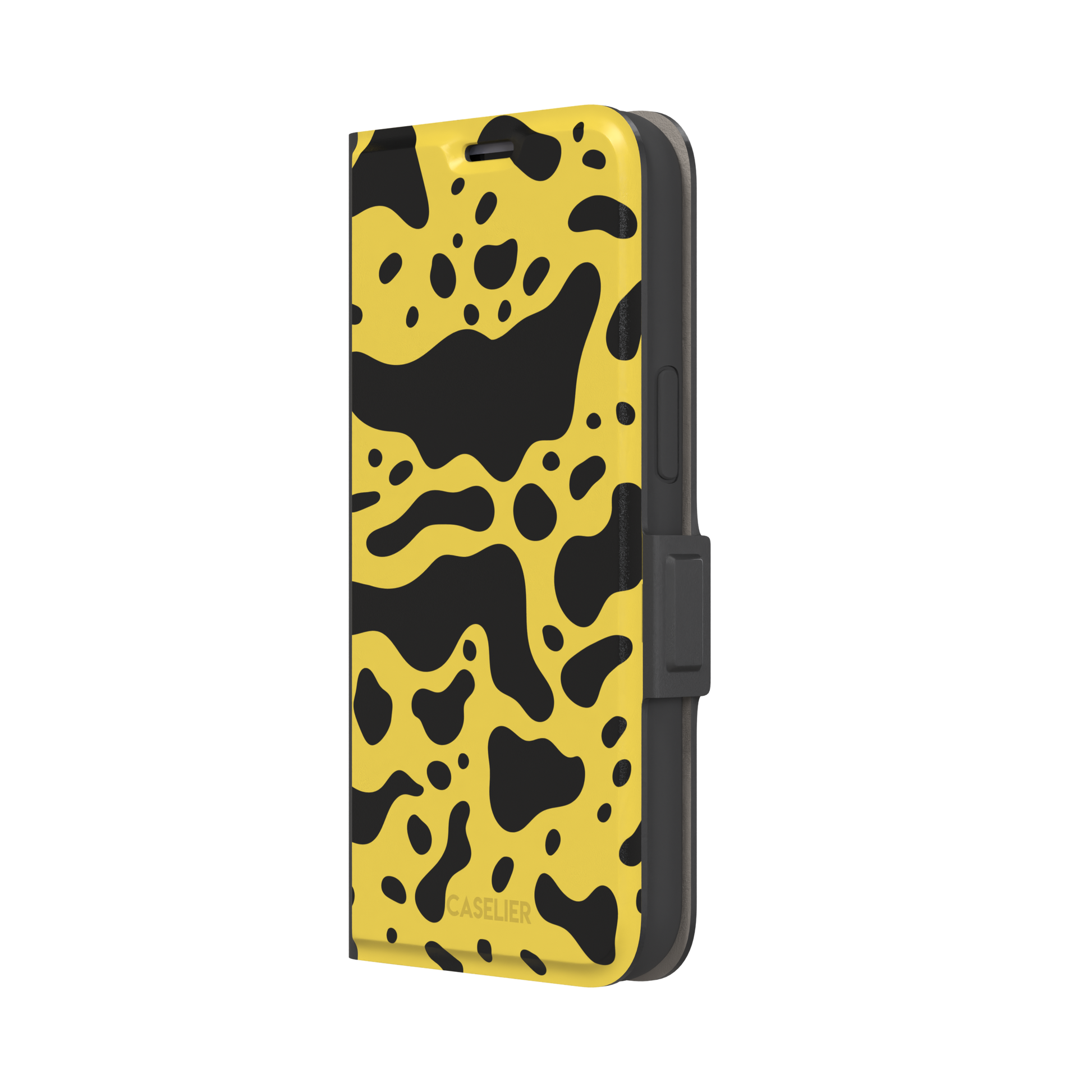 Frog phone case color variant in mustard yellow with large flowing black animal print patches, phone case by Caselier — wallet case, right view