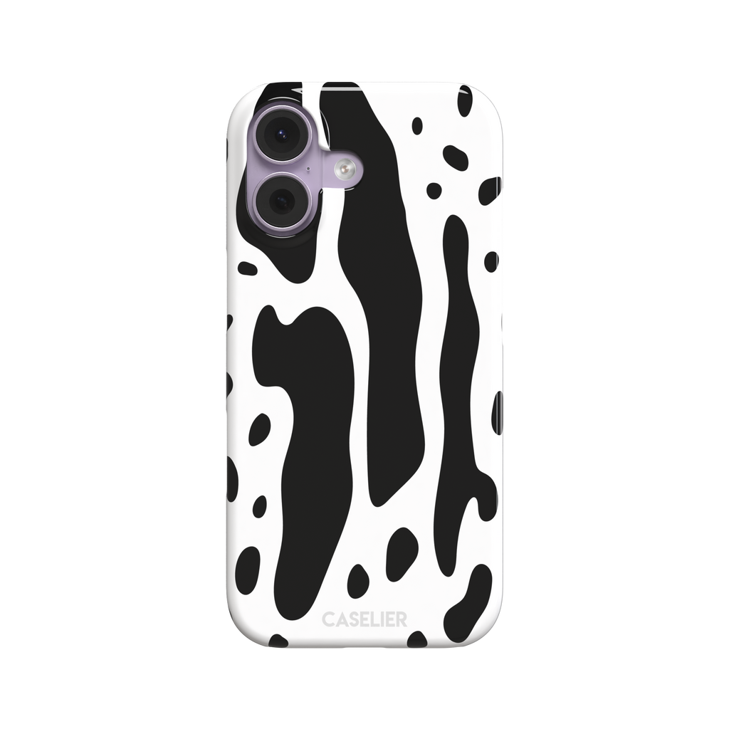 Frog phone case color variant in white with large bold black cow-style animal print patches, phone case by Caselier — snap case, front view