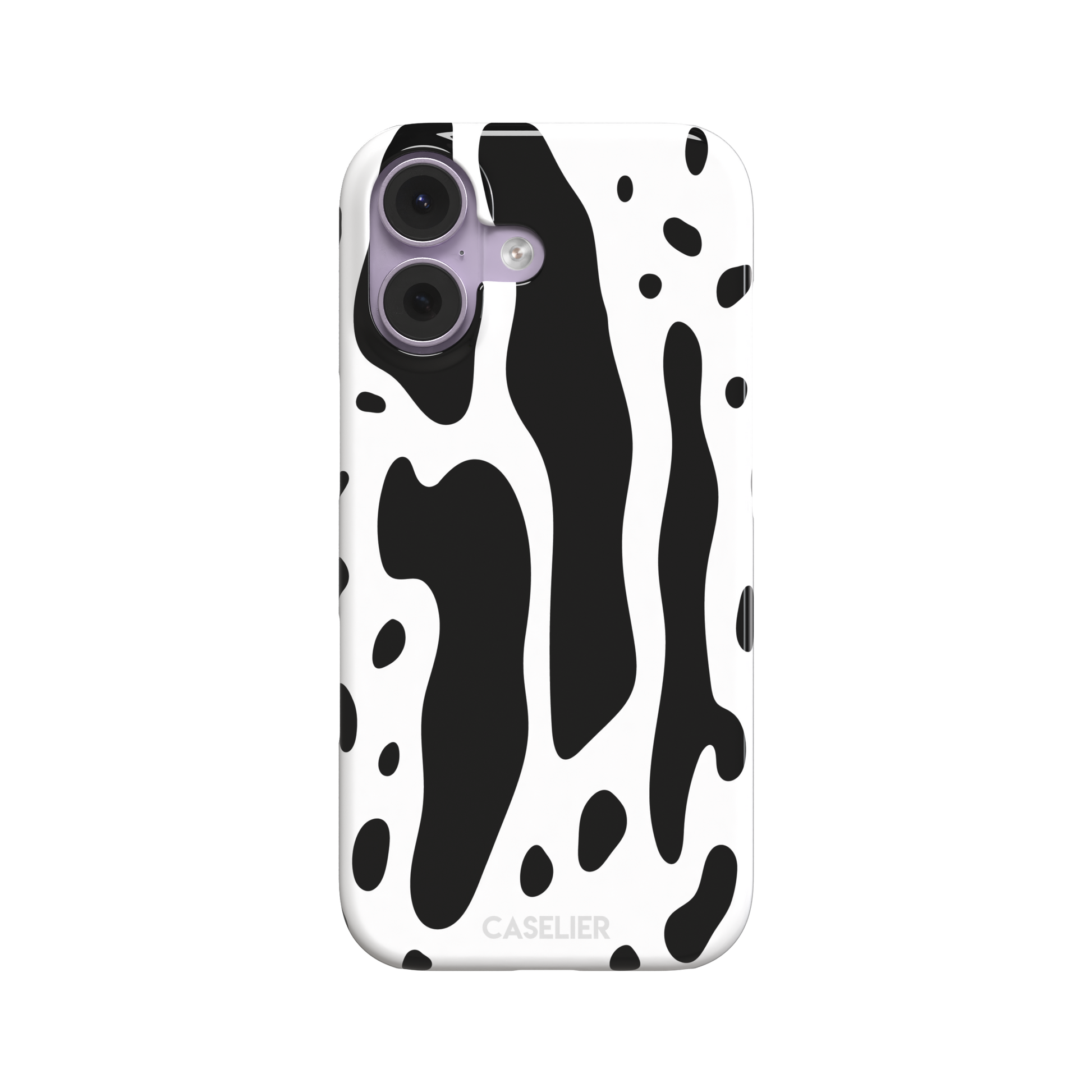 Frog phone case color variant in white with large bold black cow-style animal print patches, phone case by Caselier — snap case, front view