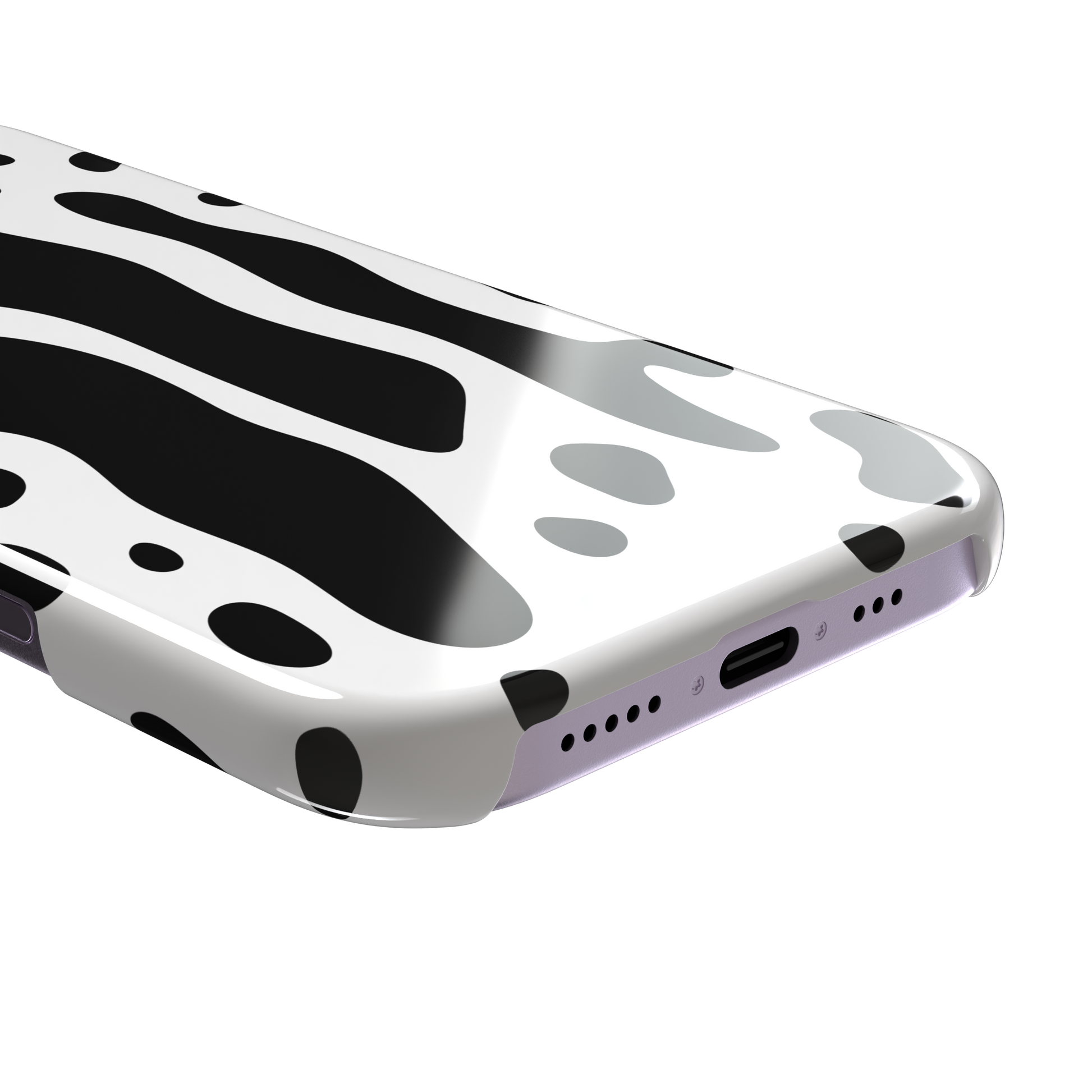 Frog phone case color variant in white with large bold black cow-style animal print patches, phone case by Caselier — snap case, charging port detail