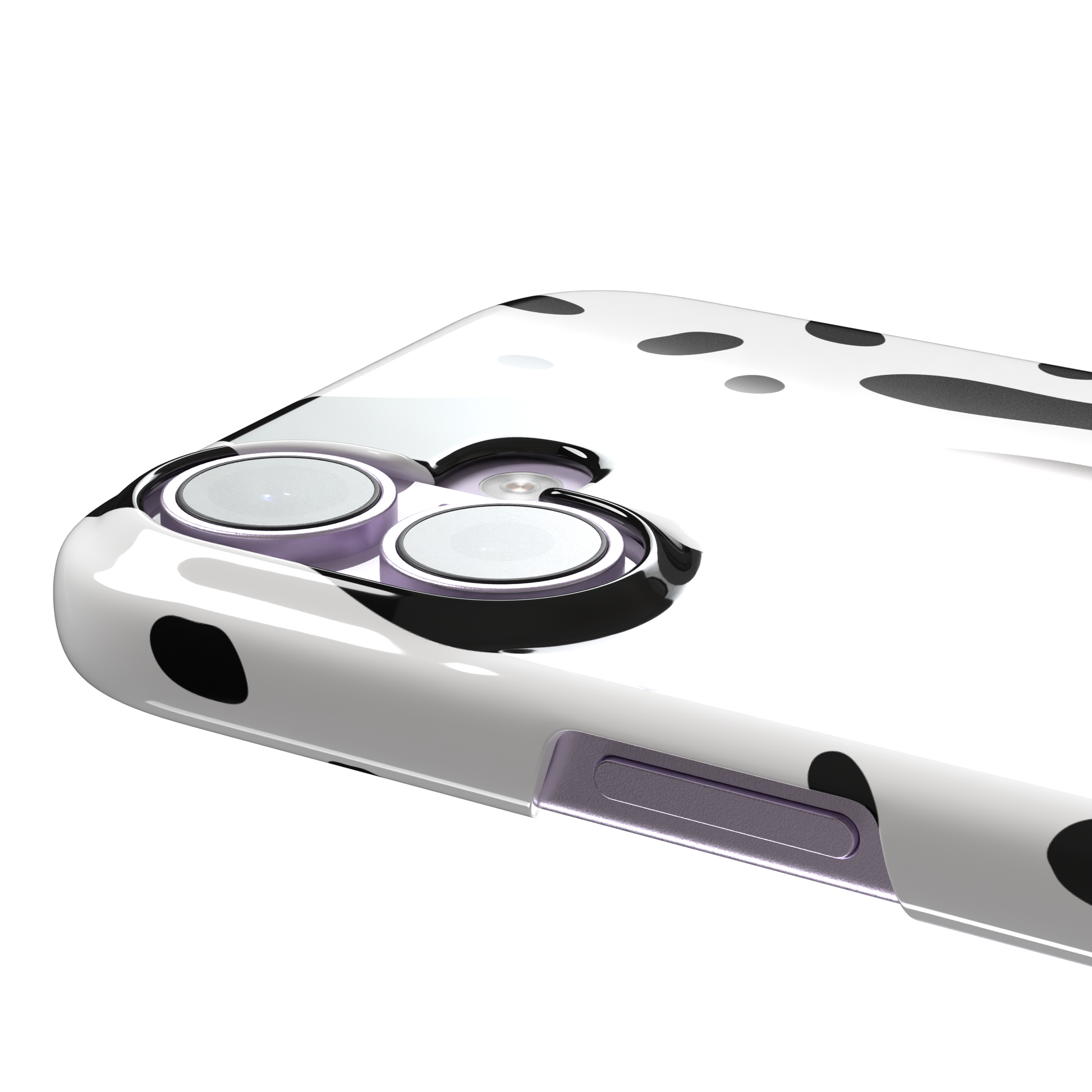 Frog phone case color variant in white with large bold black cow-style animal print patches, phone case by Caselier — snap case, volume buttons detail