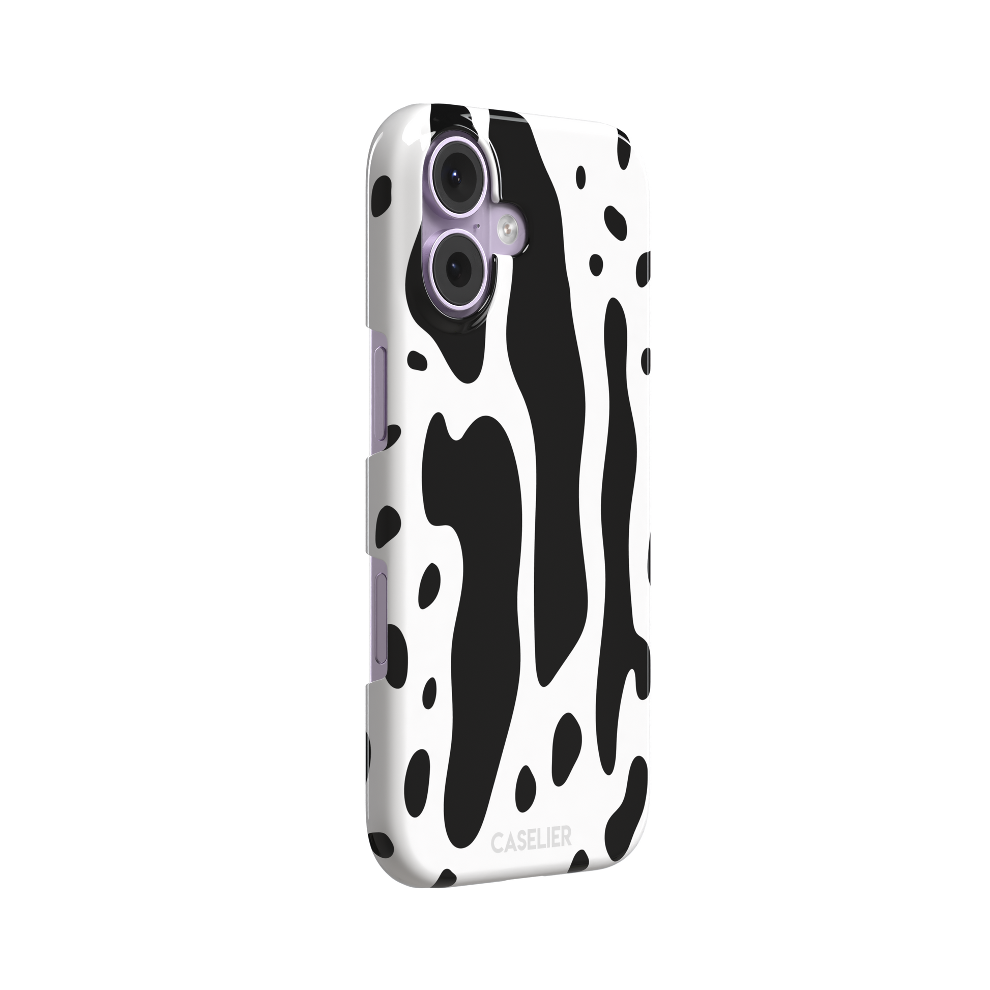 Frog phone case color variant in white with large bold black cow-style animal print patches, phone case by Caselier — snap case, left view