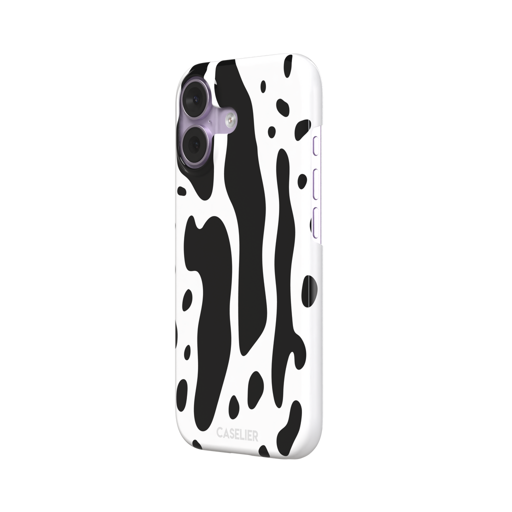 Frog phone case color variant in white with large bold black cow-style animal print patches, phone case by Caselier — snap case, right view