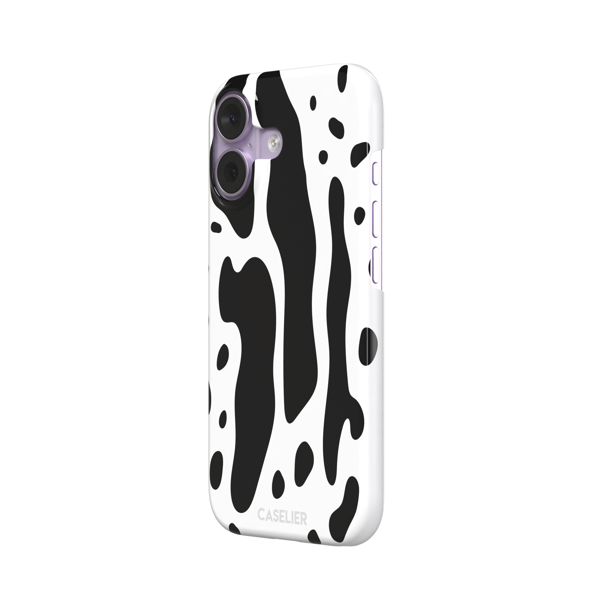 Frog phone case color variant in white with large bold black cow-style animal print patches, phone case by Caselier — snap case, right view