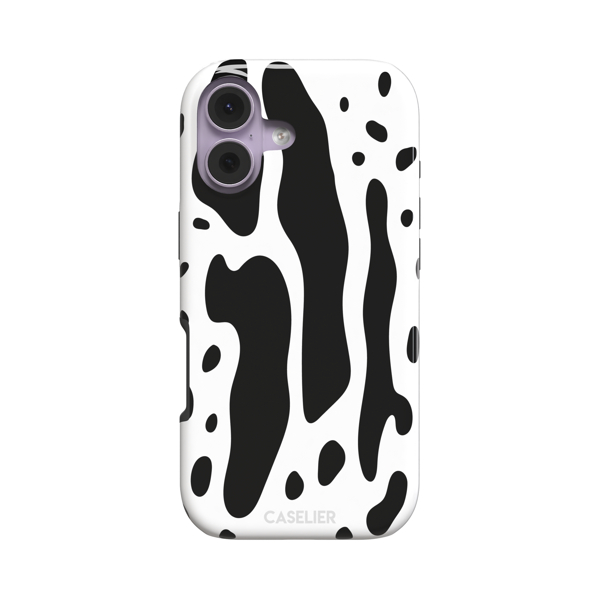 Frog phone case color variant in white with large bold black cow-style animal print patches, phone case by Caselier — tough case, front view