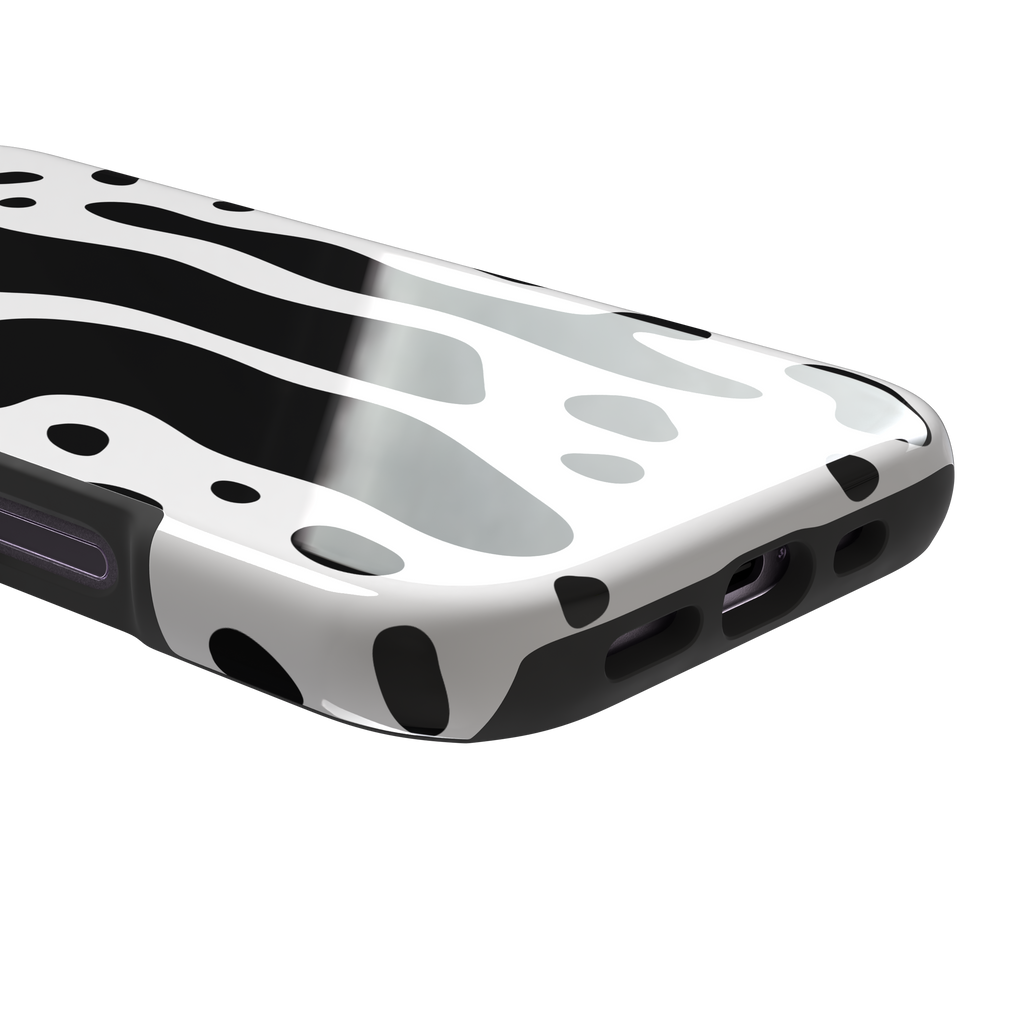 Frog phone case color variant in white with large bold black cow-style animal print patches, phone case by Caselier — tough case, charging port detail