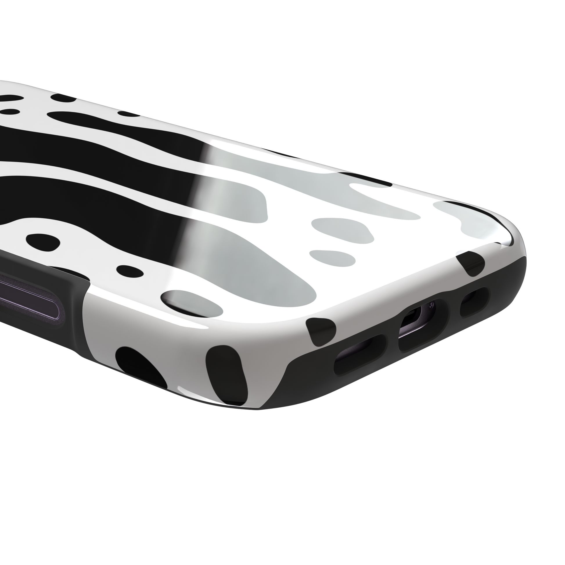 Frog phone case color variant in white with large bold black cow-style animal print patches, phone case by Caselier — tough case, charging port detail