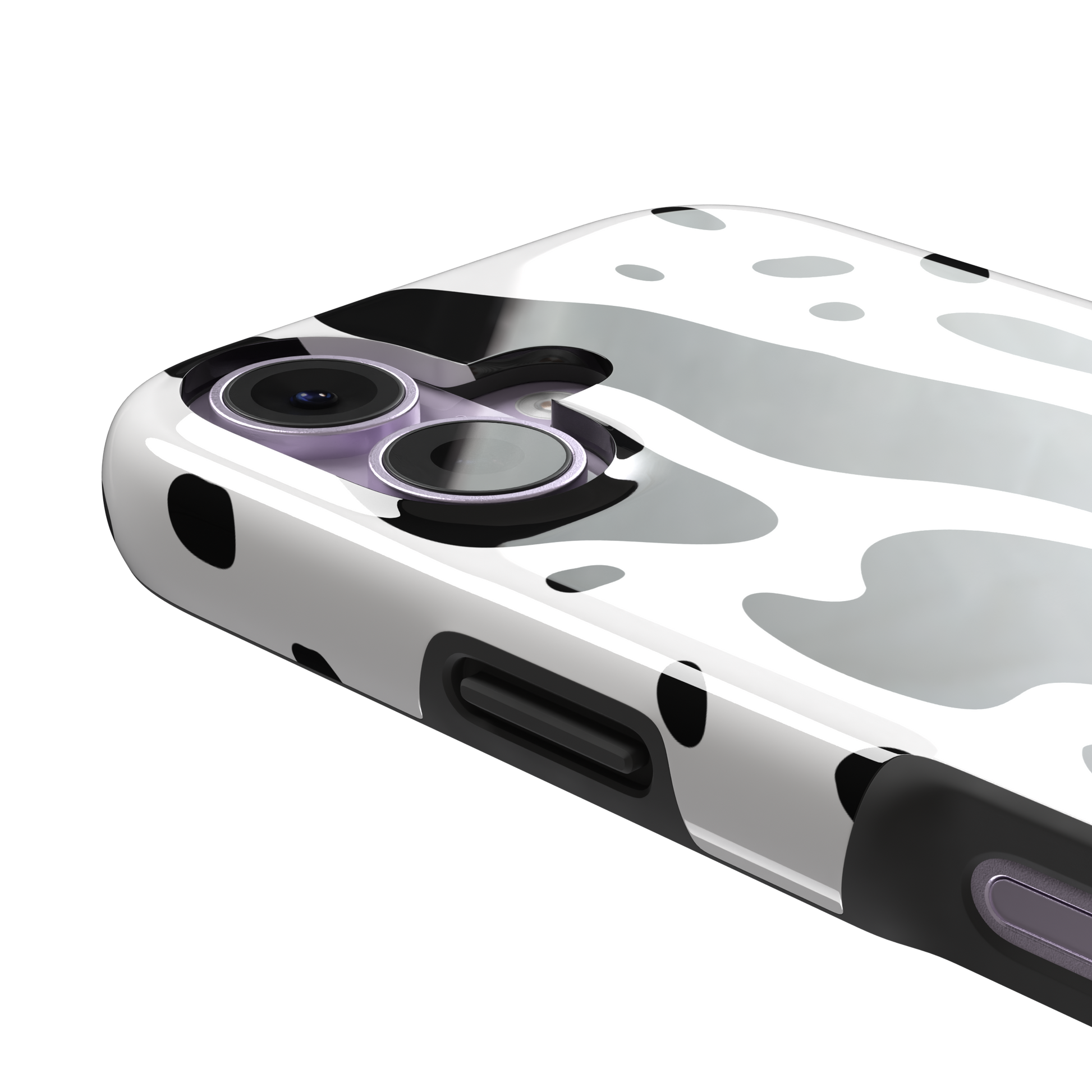 Frog phone case color variant in white with large bold black cow-style animal print patches, phone case by Caselier — tough case, volume buttons detail
