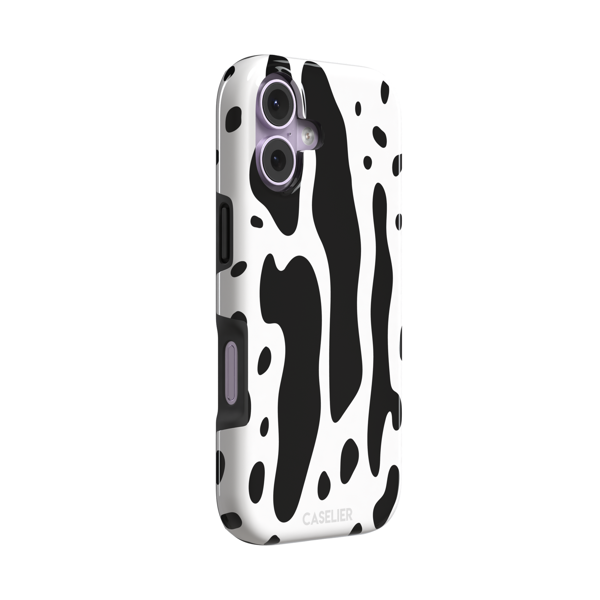 Frog phone case color variant in white with large bold black cow-style animal print patches, phone case by Caselier — tough case, left view