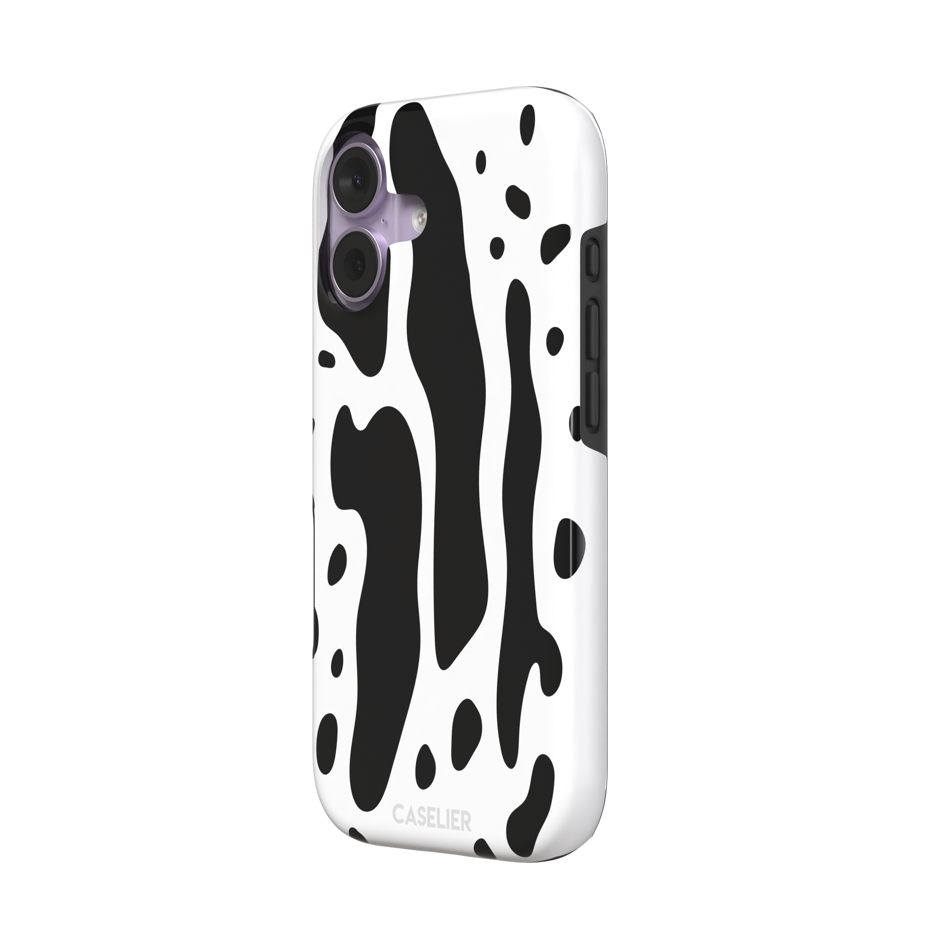 Frog phone case color variant in white with large bold black cow-style animal print patches, phone case by Caselier — tough case, right view