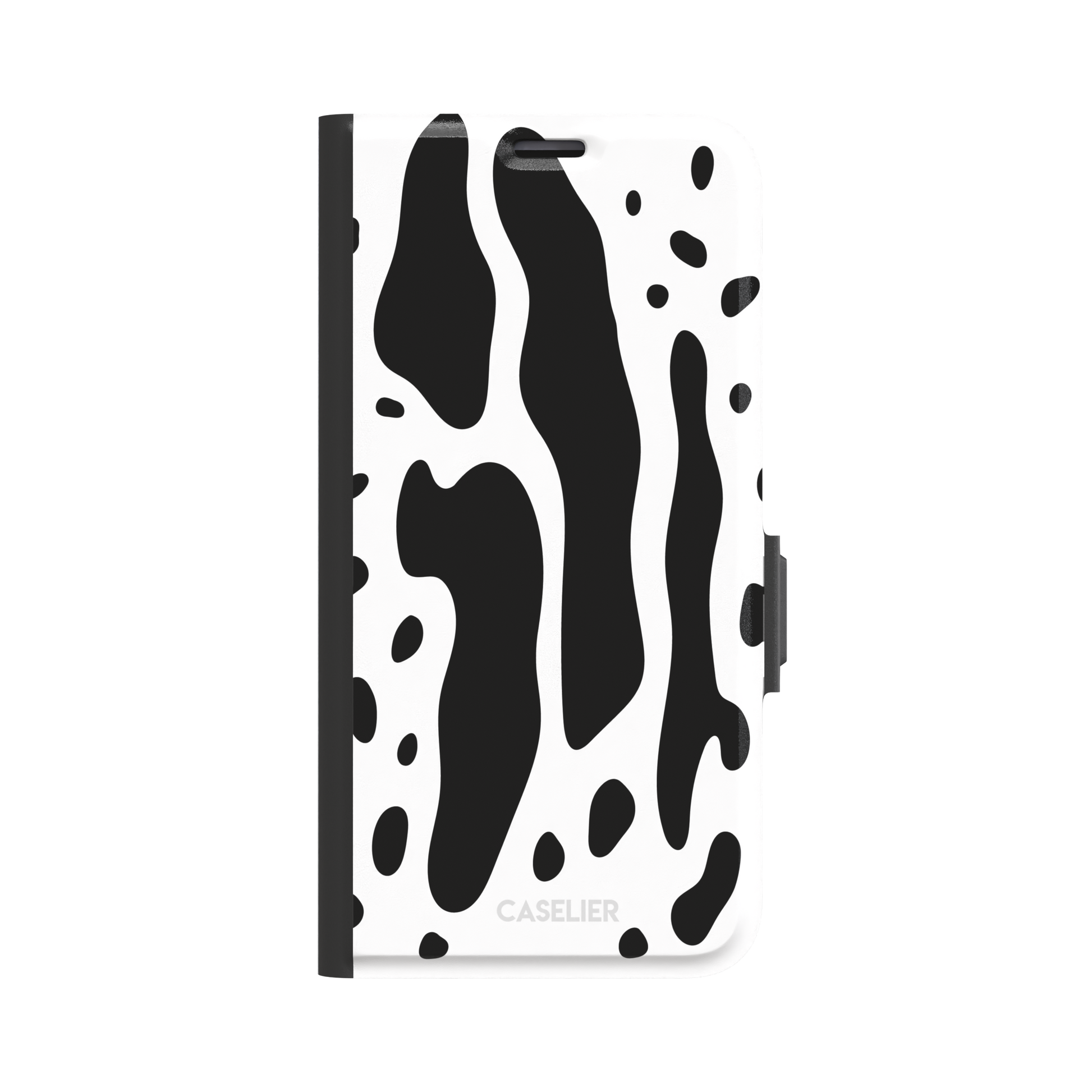 Frog phone case color variant in white with large bold black cow-style animal print patches, phone case by Caselier — wallet case, front view