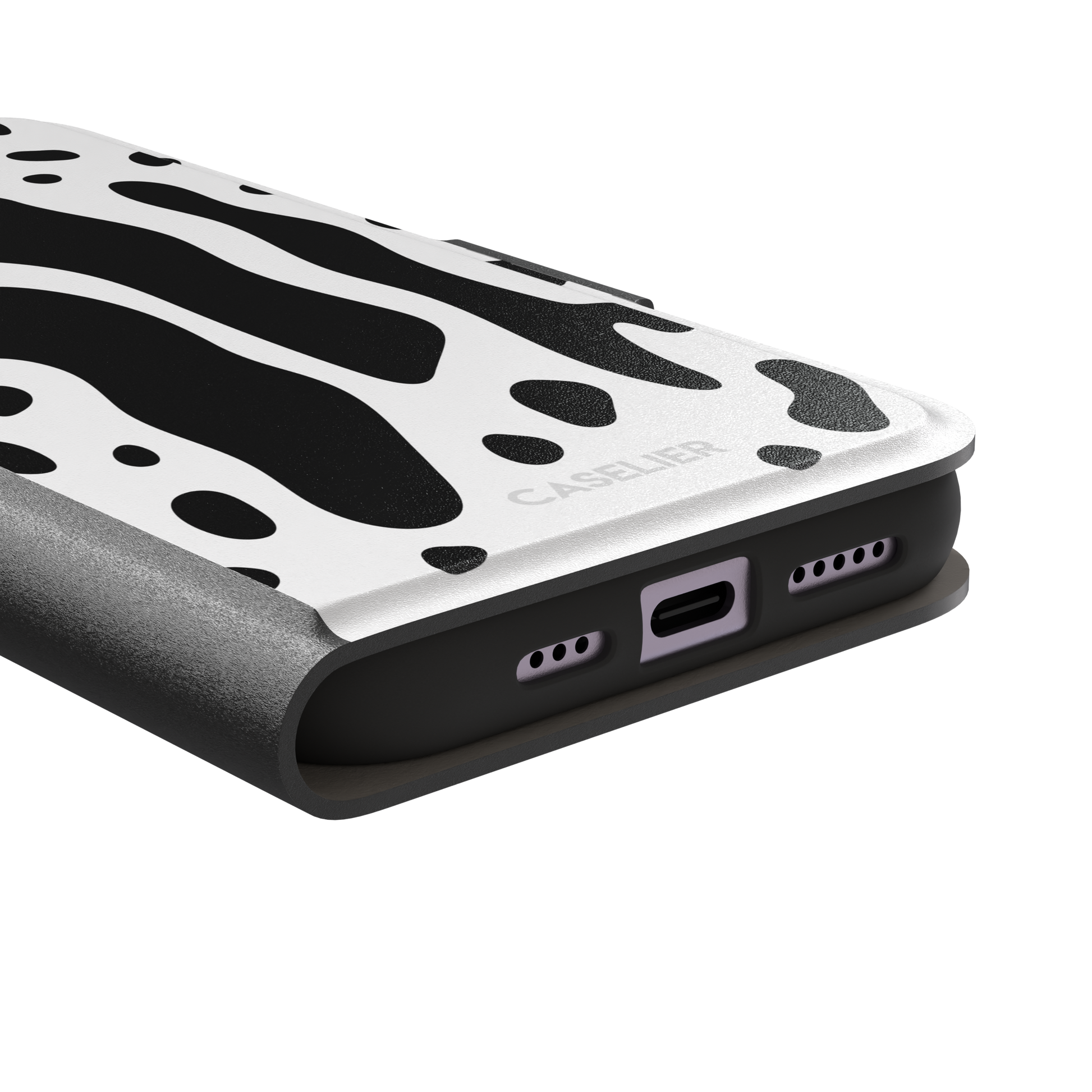 Frog phone case color variant in white with large bold black cow-style animal print patches, phone case by Caselier — wallet case, charging port detail