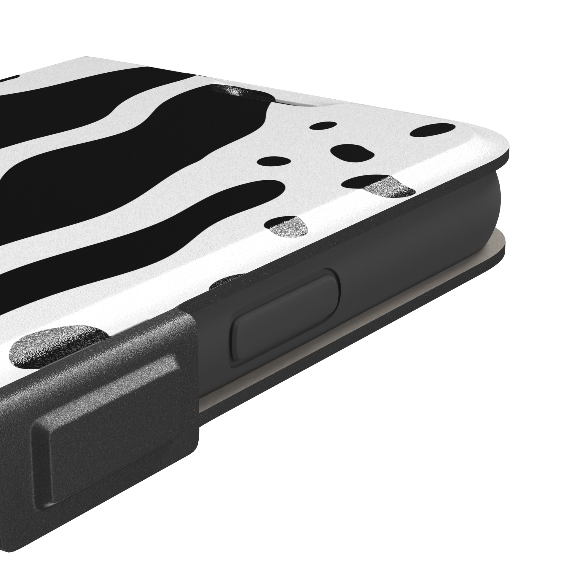 Frog phone case color variant in white with large bold black cow-style animal print patches, phone case by Caselier — wallet case, volume buttons detail