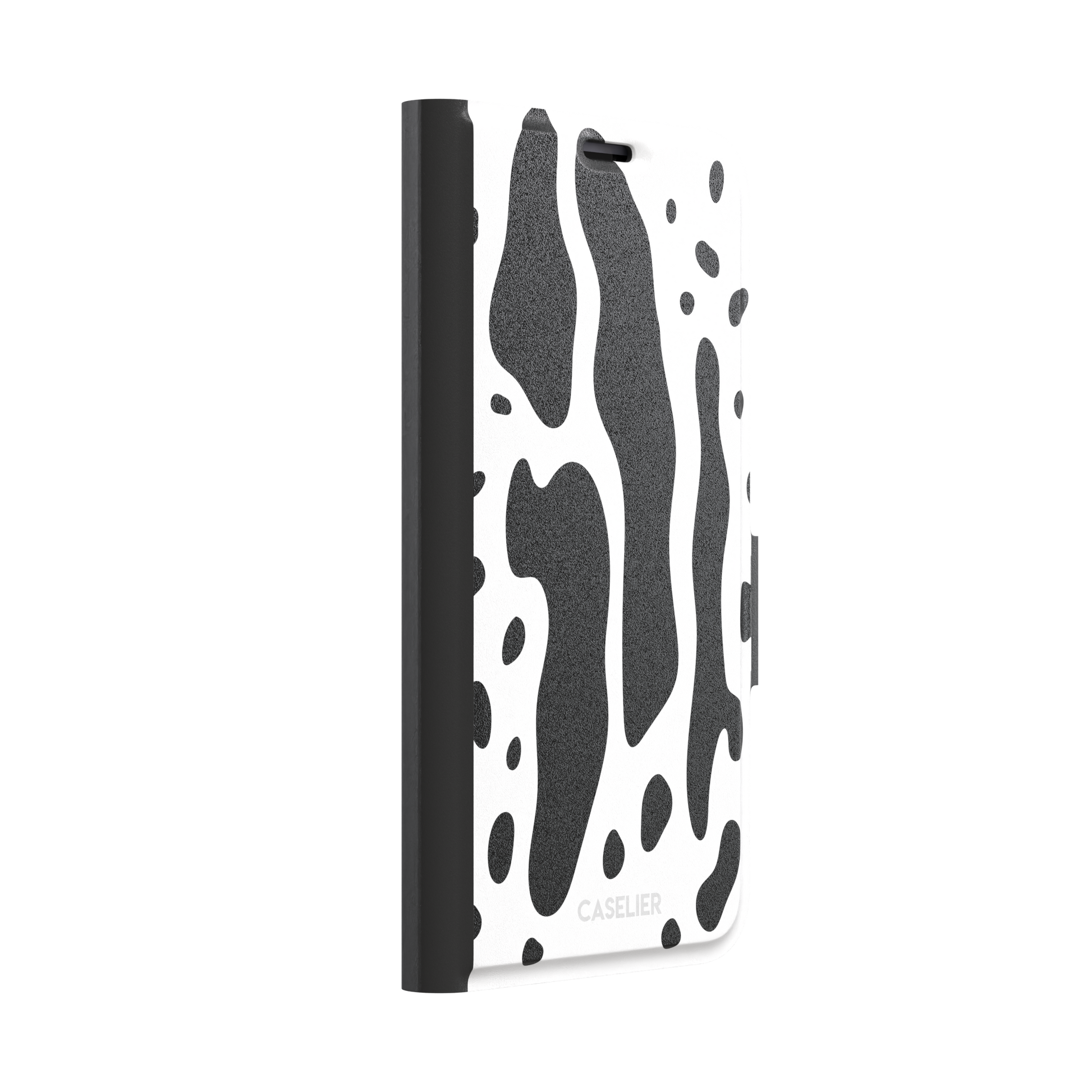 Frog phone case color variant in white with large bold black cow-style animal print patches, phone case by Caselier — wallet case, left view