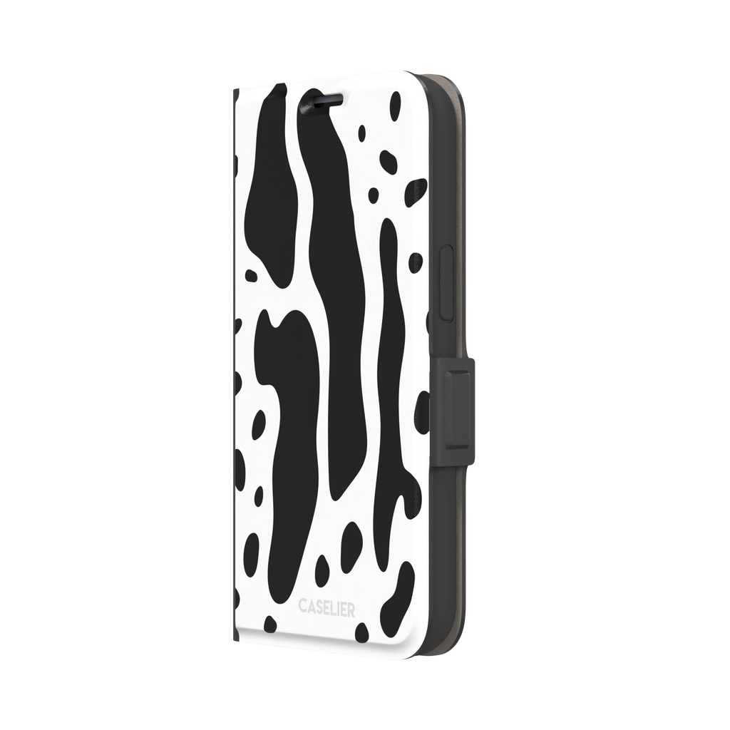 Frog phone case color variant in white with large bold black cow-style animal print patches, phone case by Caselier — wallet case, right view