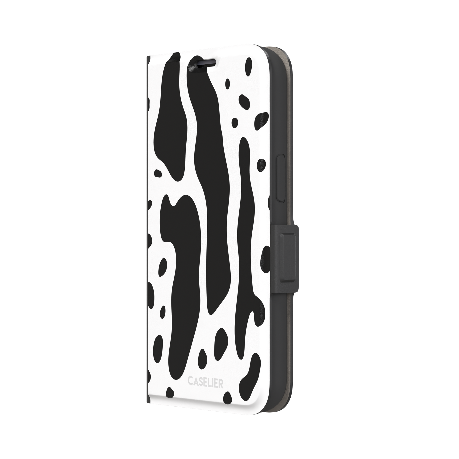 Frog phone case color variant in white with large bold black cow-style animal print patches, phone case by Caselier — wallet case, right view