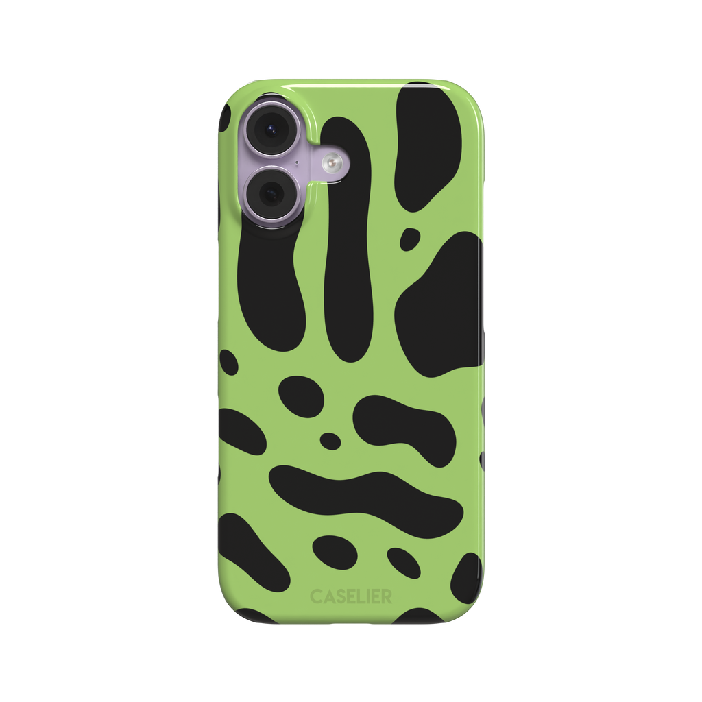 Frog phone case color variant in lime green with oversized black blob animal print spots, phone case by Caselier — snap case, front view