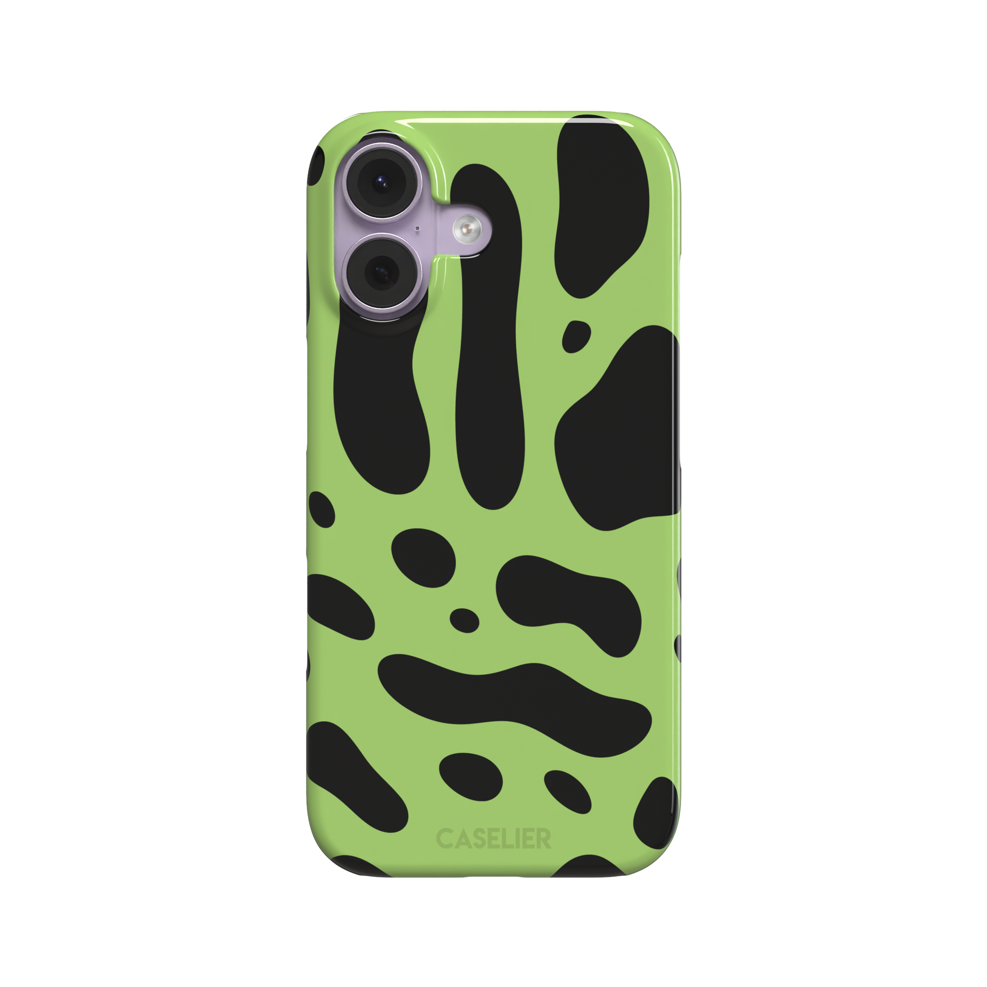 Frog phone case color variant in lime green with oversized black blob animal print spots, phone case by Caselier — snap case, front view
