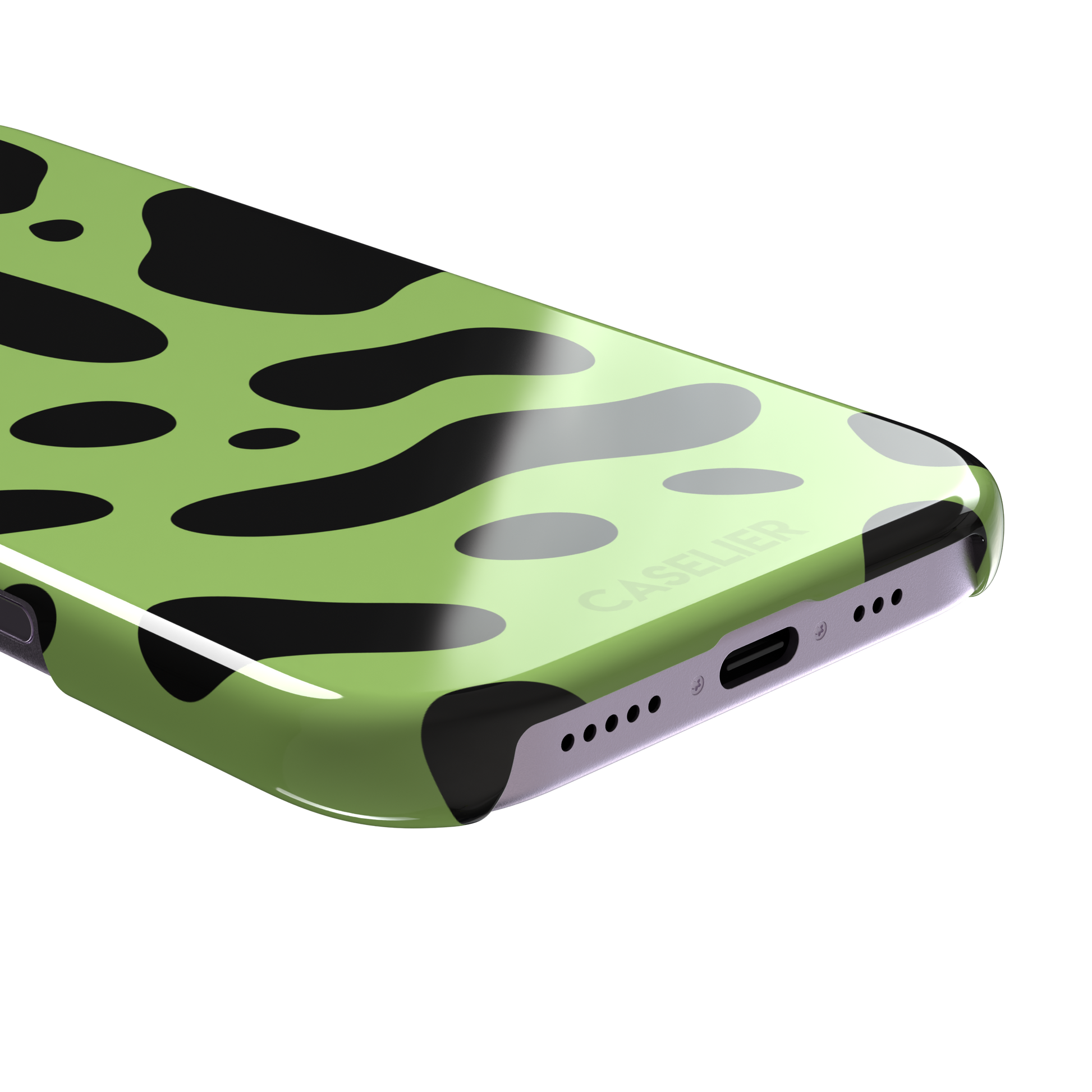 Frog phone case color variant in lime green with oversized black blob animal print spots, phone case by Caselier — snap case, charging port detail