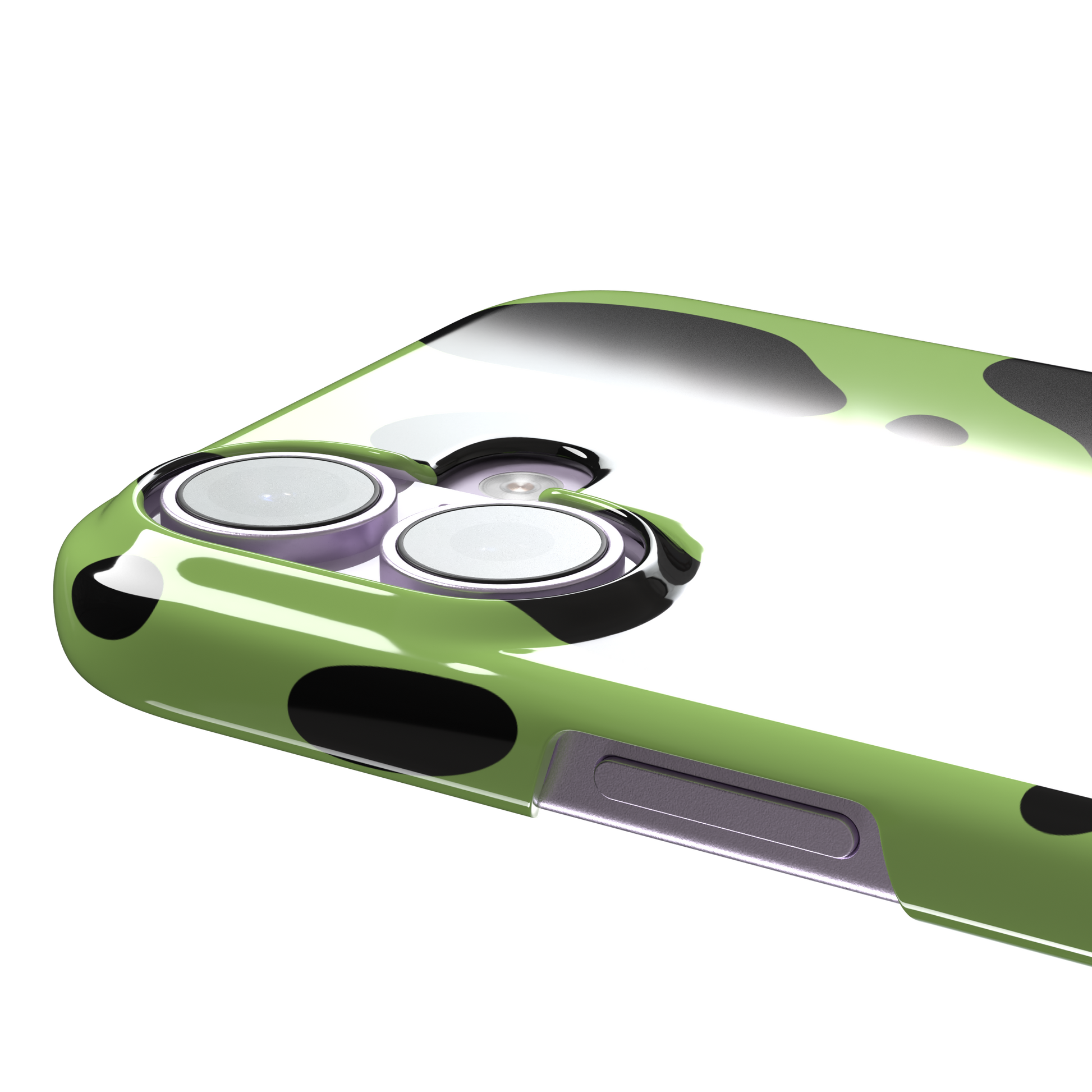 Frog phone case color variant in lime green with oversized black blob animal print spots, phone case by Caselier — snap case, volume buttons detail