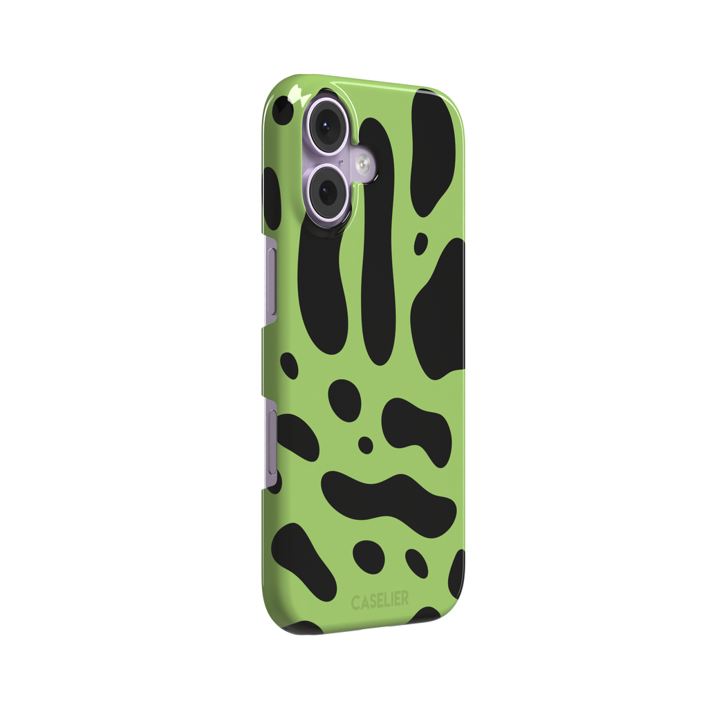 Frog phone case color variant in lime green with oversized black blob animal print spots, phone case by Caselier — snap case, left view