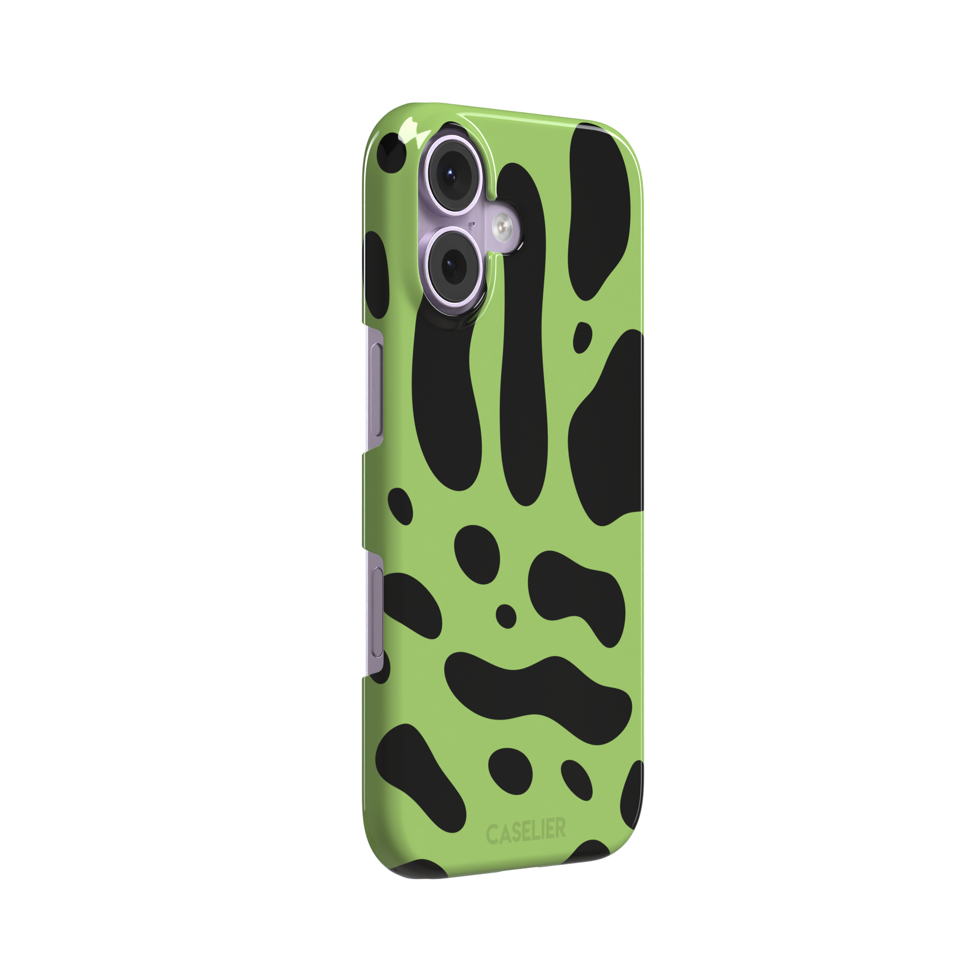 Frog phone case color variant in lime green with oversized black blob animal print spots, phone case by Caselier — snap case, left view