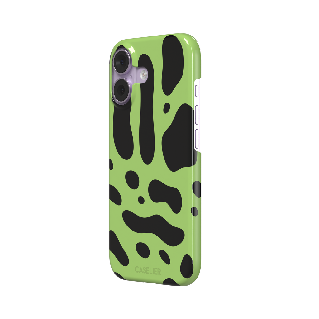 Frog phone case color variant in lime green with oversized black blob animal print spots, phone case by Caselier — snap case, right view