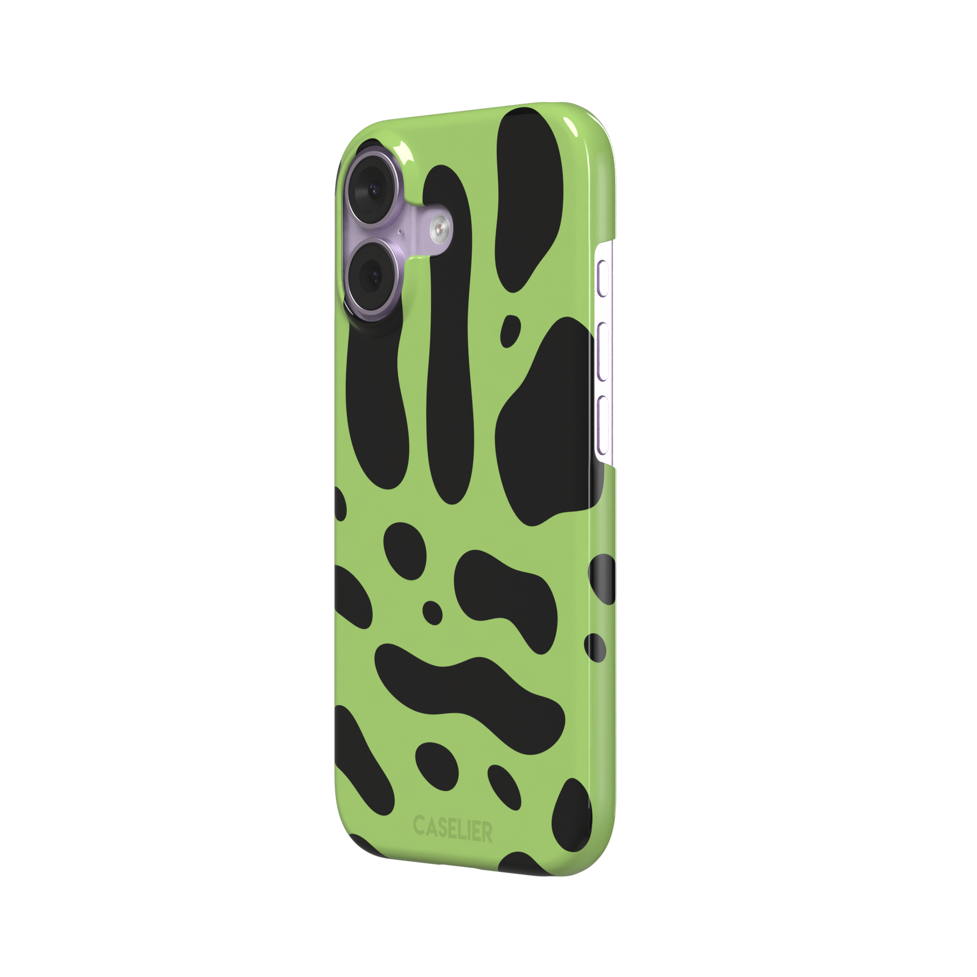 Frog phone case color variant in lime green with oversized black blob animal print spots, phone case by Caselier — snap case, right view