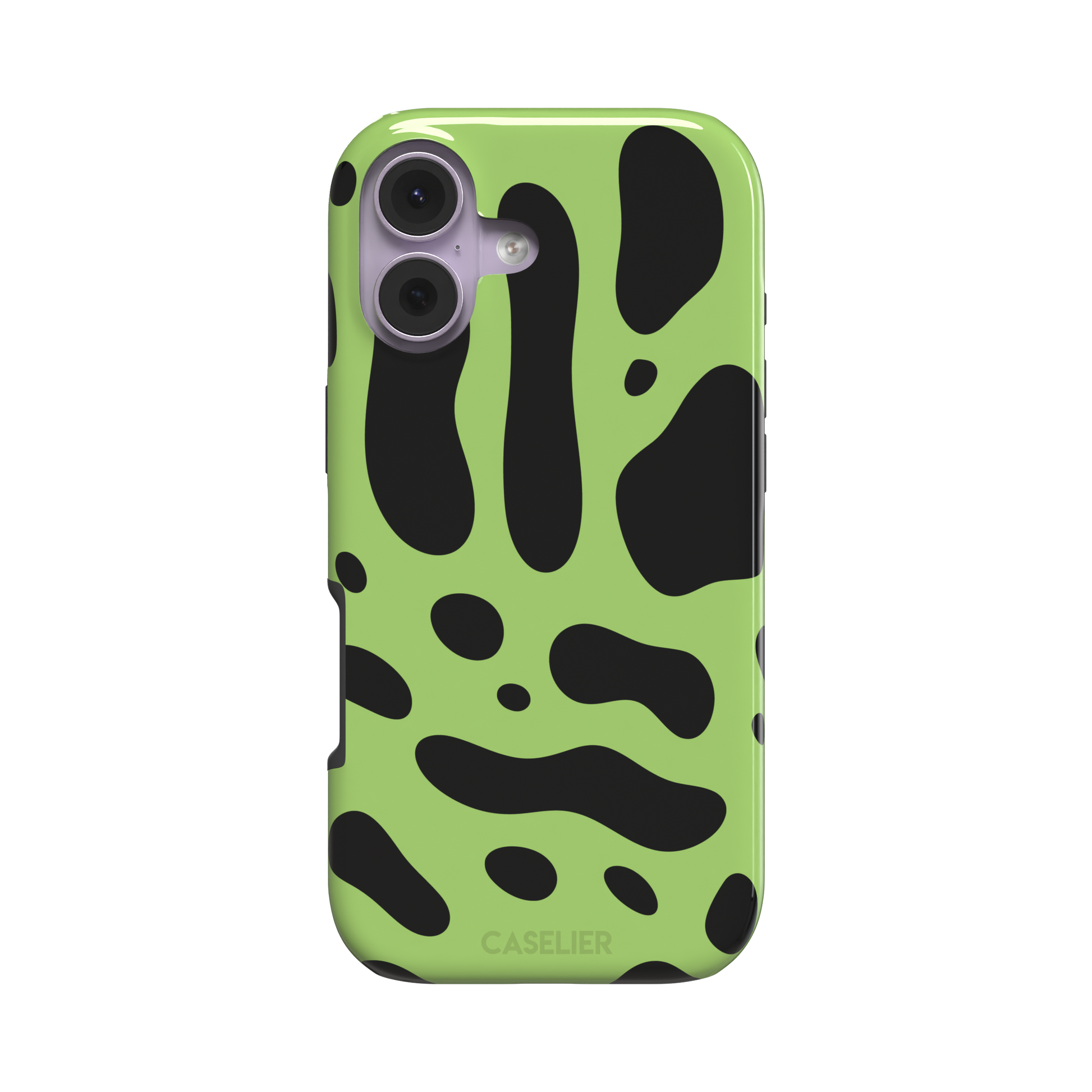 Frog phone case color variant in lime green with oversized black blob animal print spots, phone case by Caselier — tough case, front view