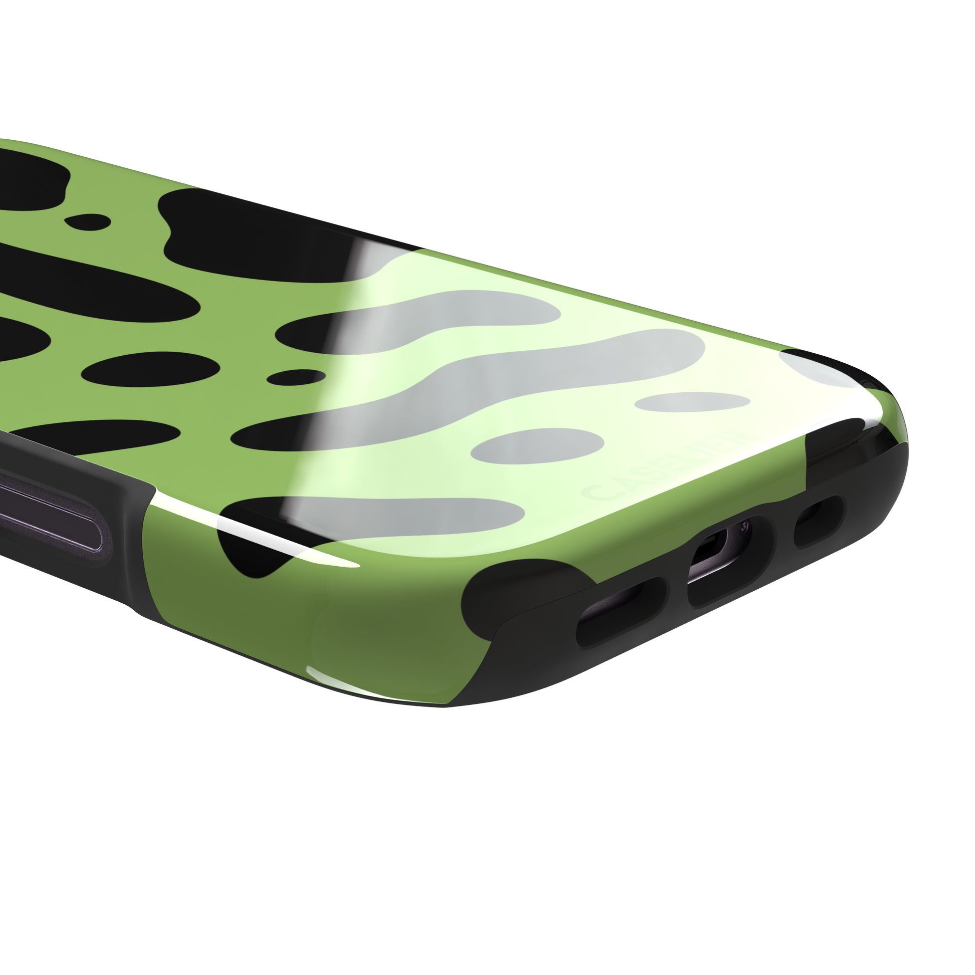 Frog phone case color variant in lime green with oversized black blob animal print spots, phone case by Caselier — tough case, charging port detail