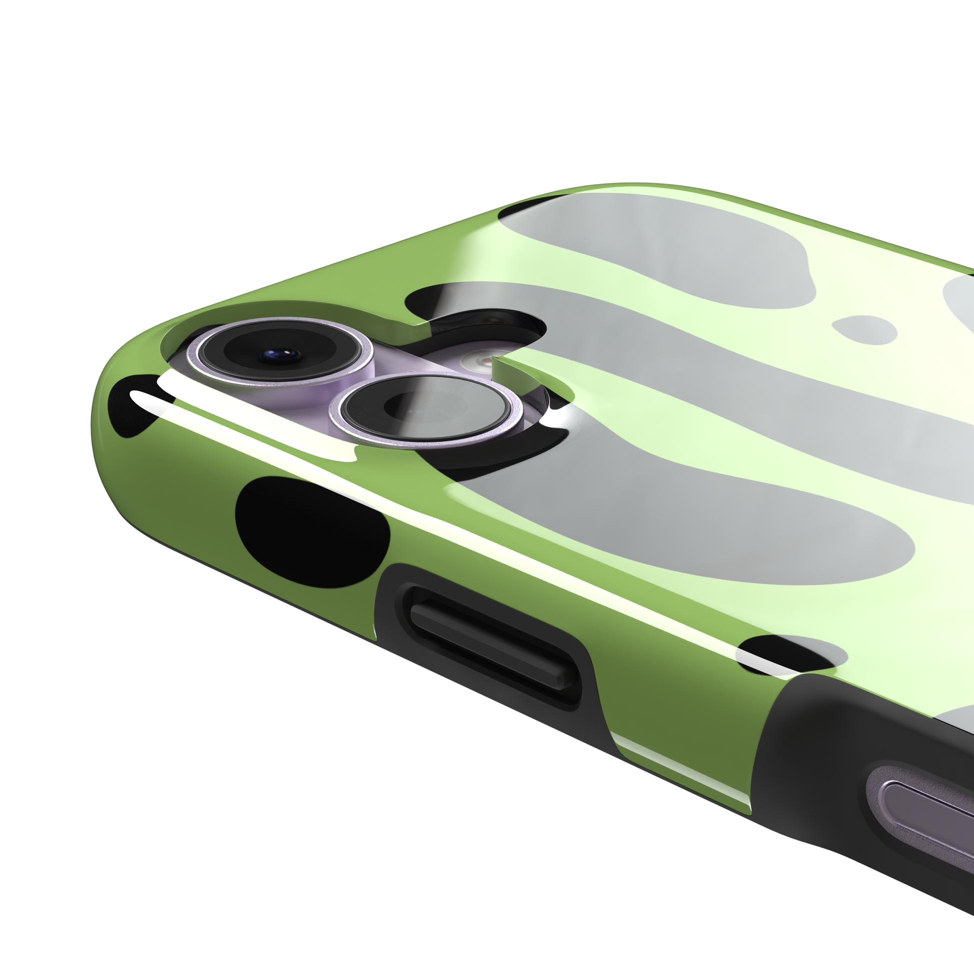 Frog phone case color variant in lime green with oversized black blob animal print spots, phone case by Caselier — tough case, volume buttons detail