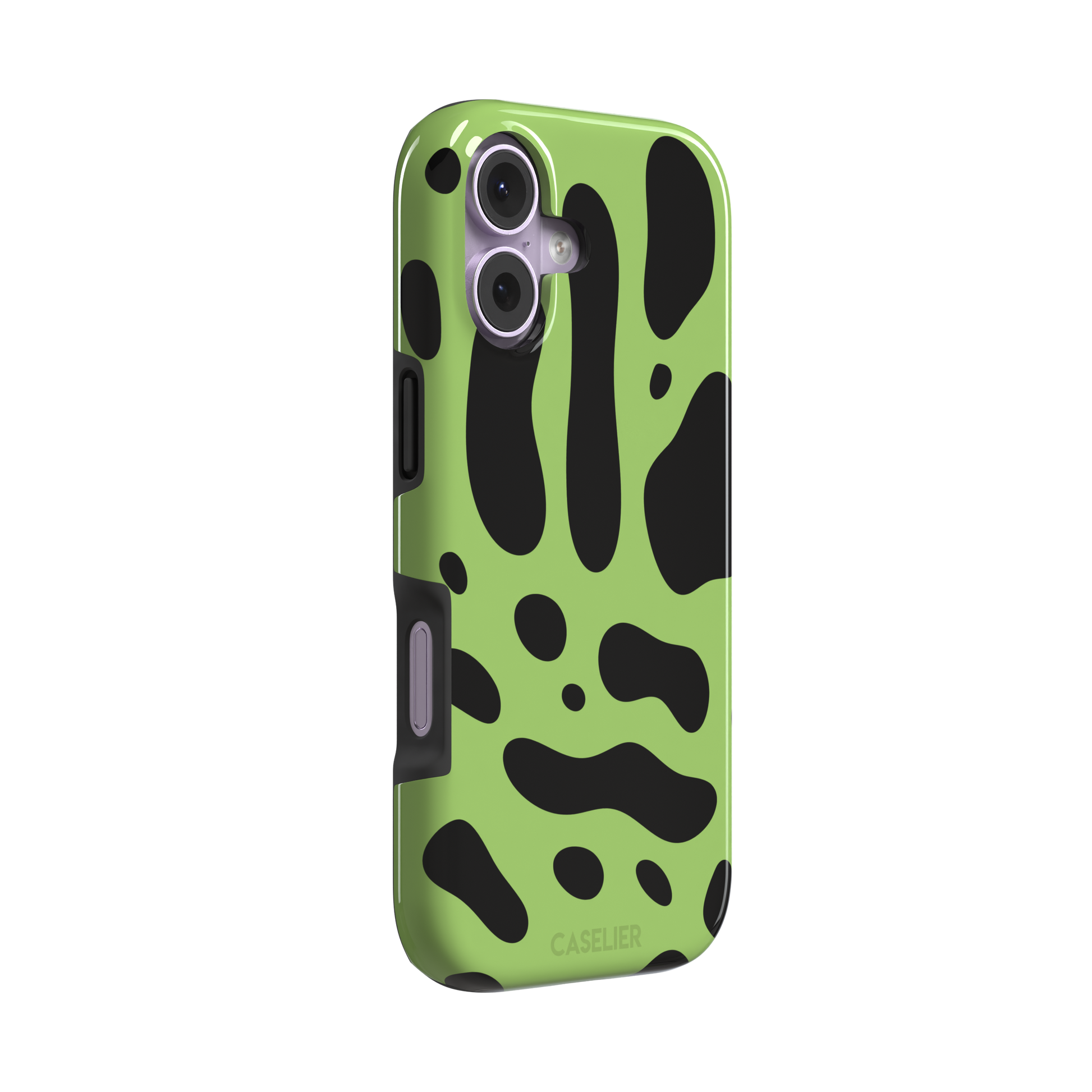 Frog phone case color variant in lime green with oversized black blob animal print spots, phone case by Caselier — tough case, left view