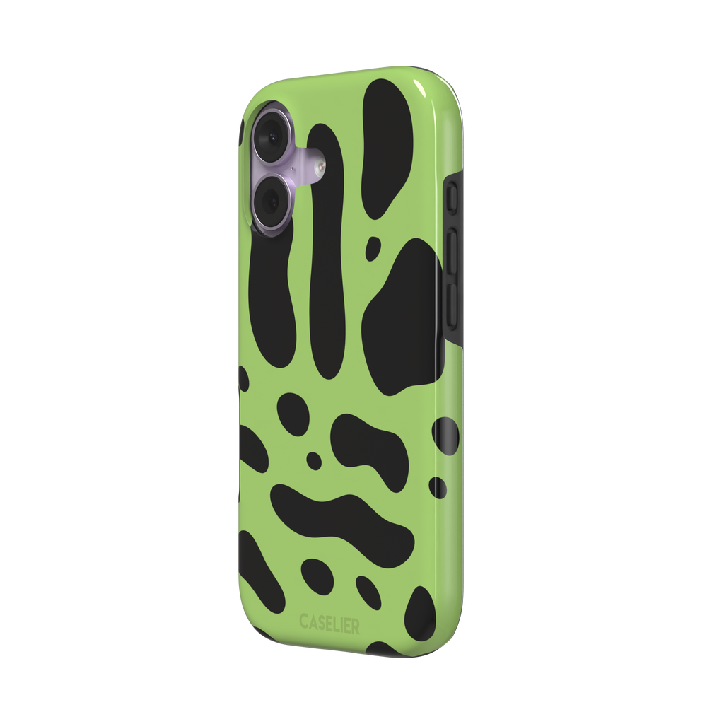 Frog phone case color variant in lime green with oversized black blob animal print spots, phone case by Caselier — tough case, right view