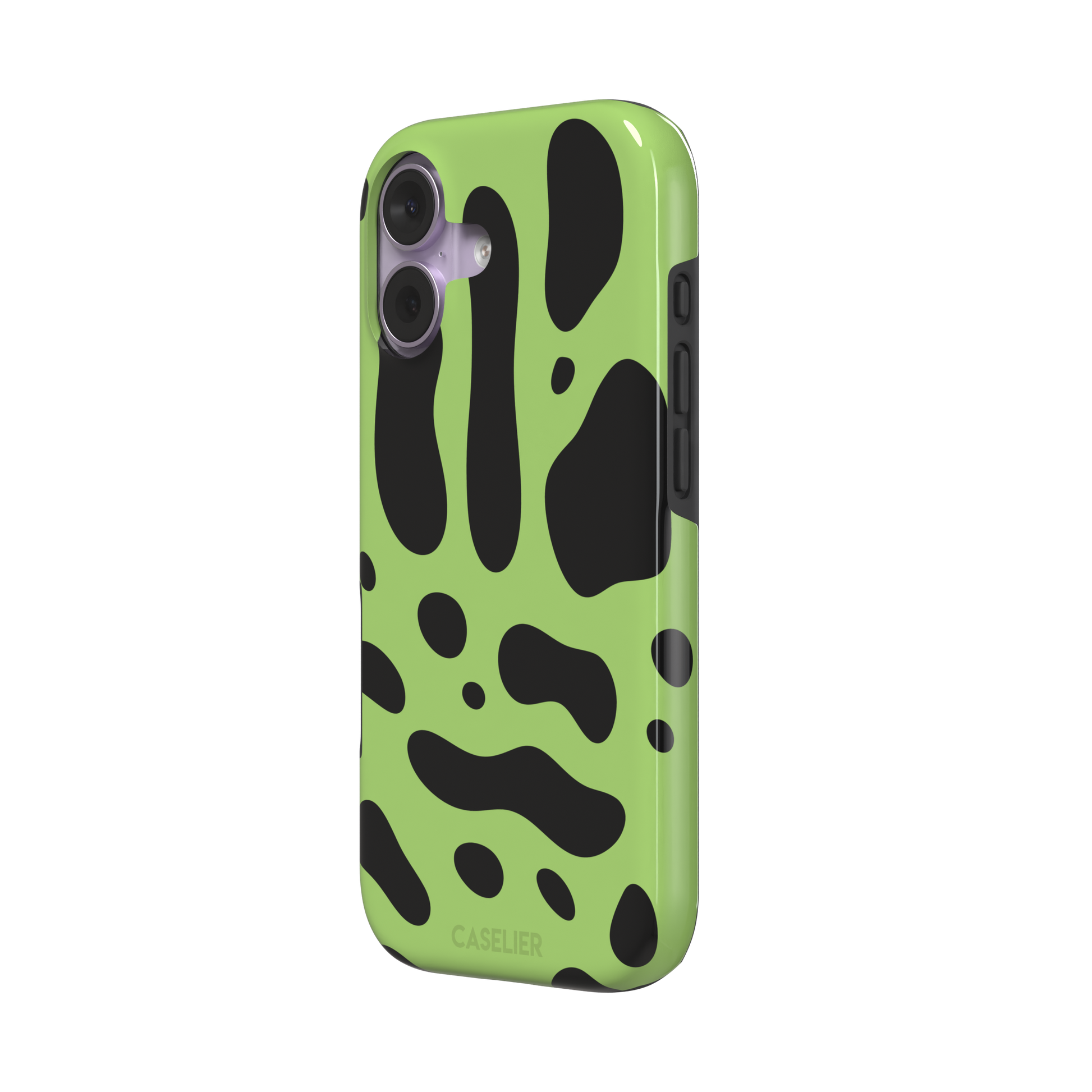 Frog phone case color variant in lime green with oversized black blob animal print spots, phone case by Caselier — tough case, right view