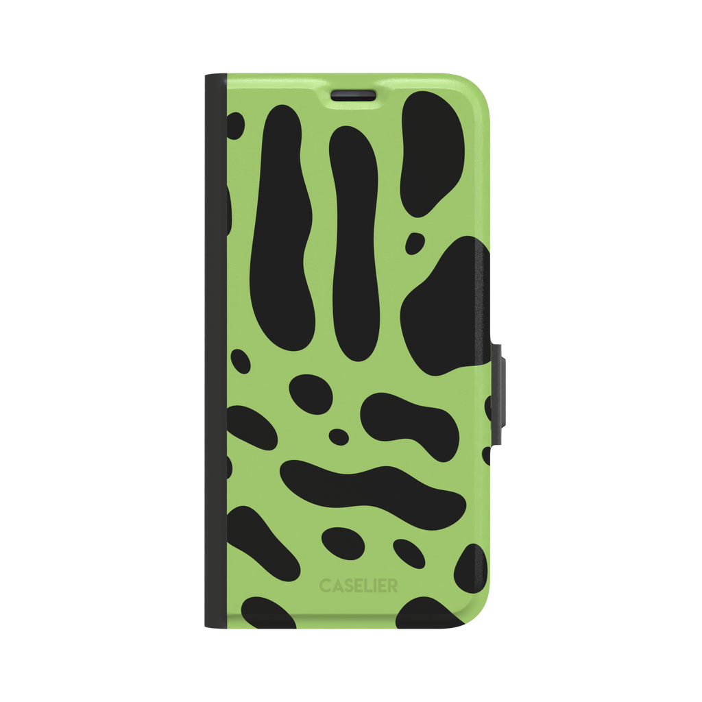 Frog phone case color variant in lime green with oversized black blob animal print spots, phone case by Caselier — wallet case, front view