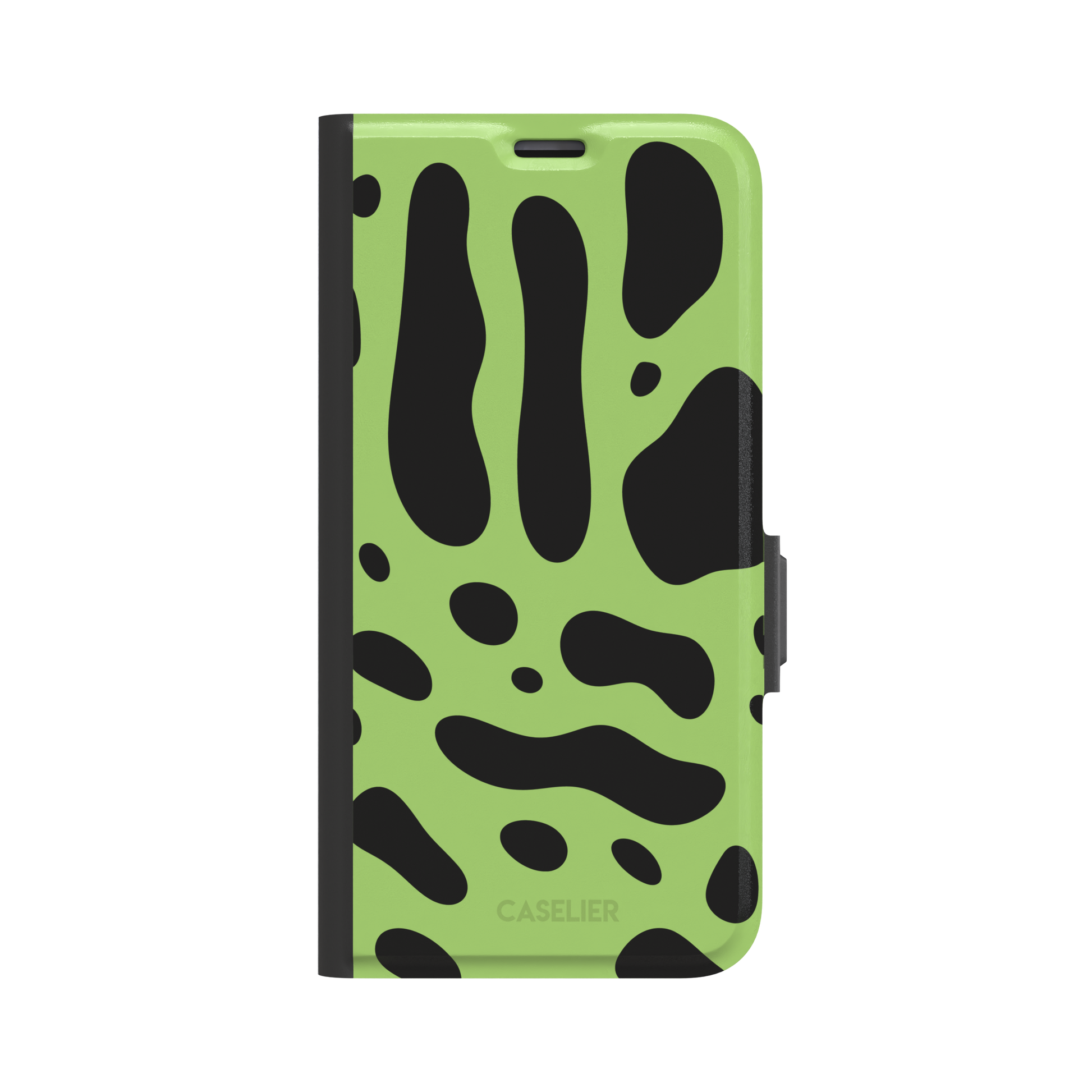 Frog phone case color variant in lime green with oversized black blob animal print spots, phone case by Caselier — wallet case, front view