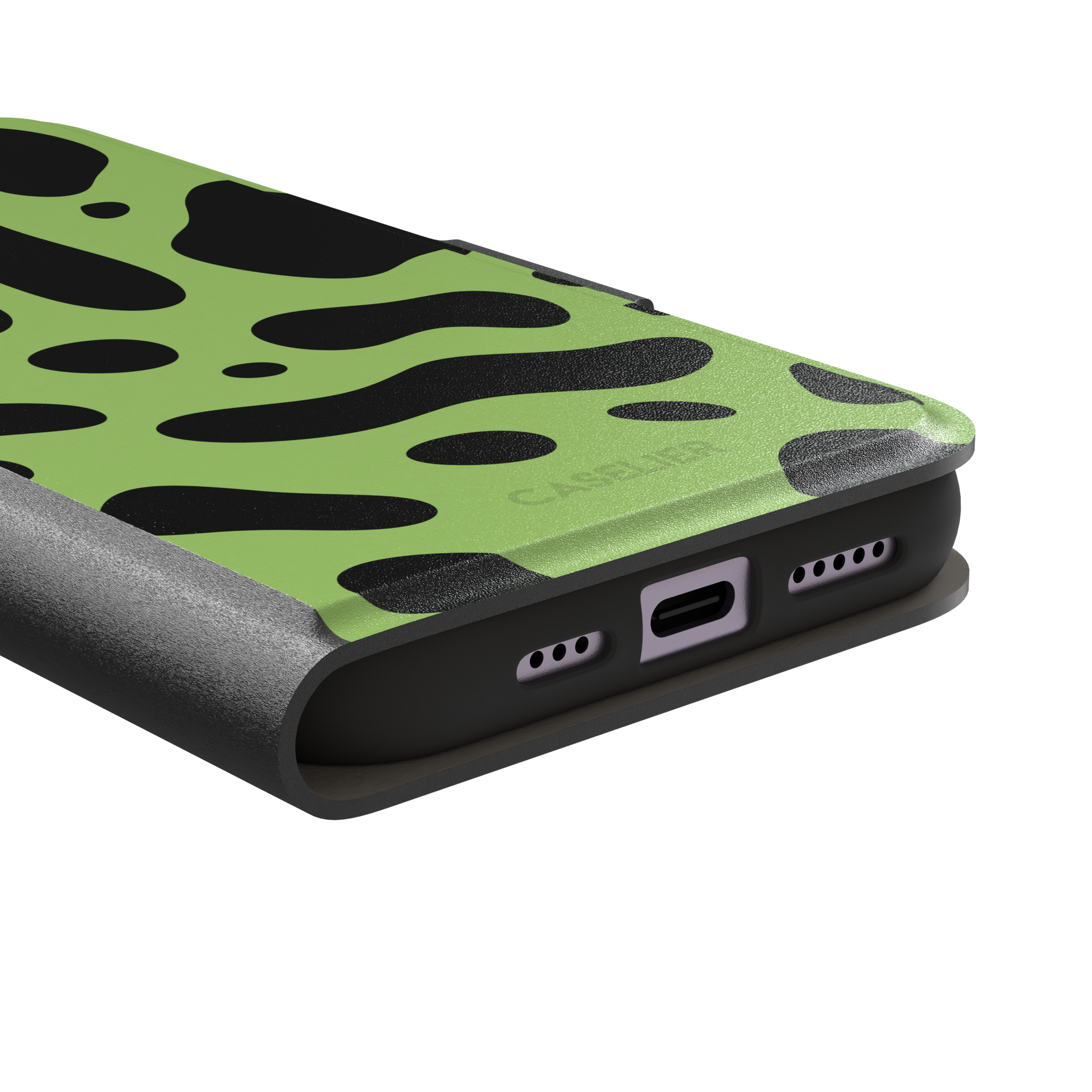Frog phone case color variant in lime green with oversized black blob animal print spots, phone case by Caselier — wallet case, charging port detail
