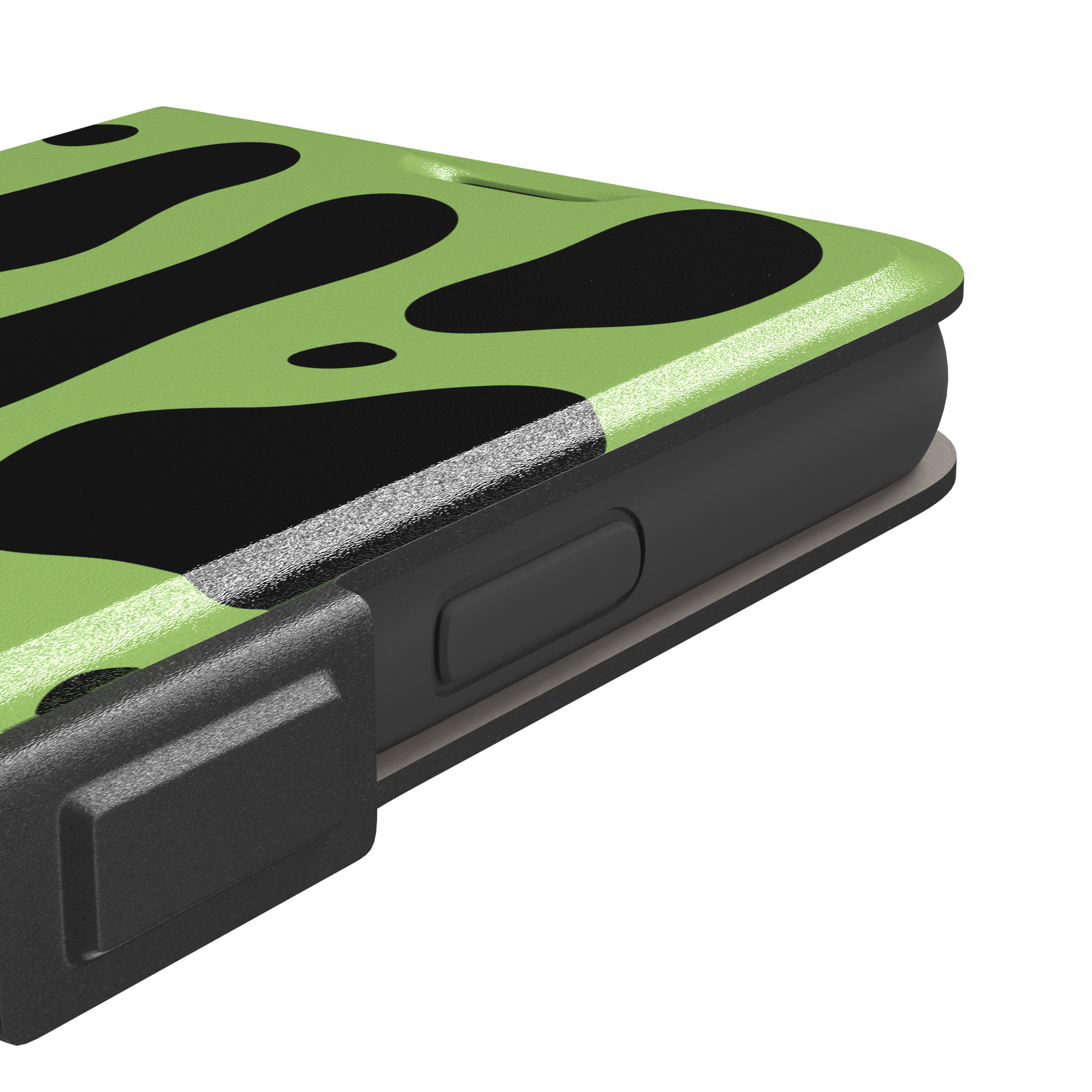 Frog phone case color variant in lime green with oversized black blob animal print spots, phone case by Caselier — wallet case, volume buttons detail
